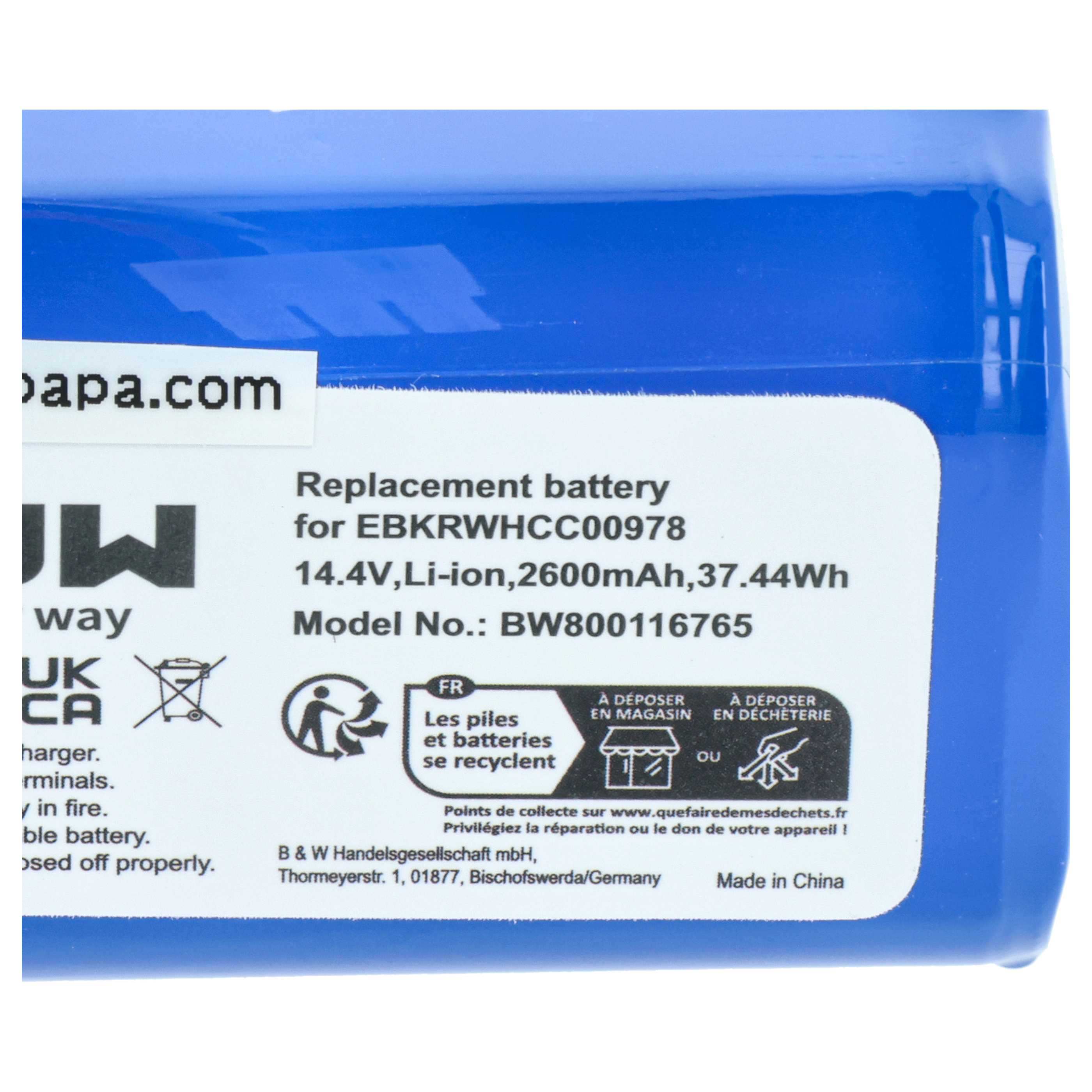 Battery replaces Miele 9702922 for Miele 2600mAh, 14.4V, Li-Ion