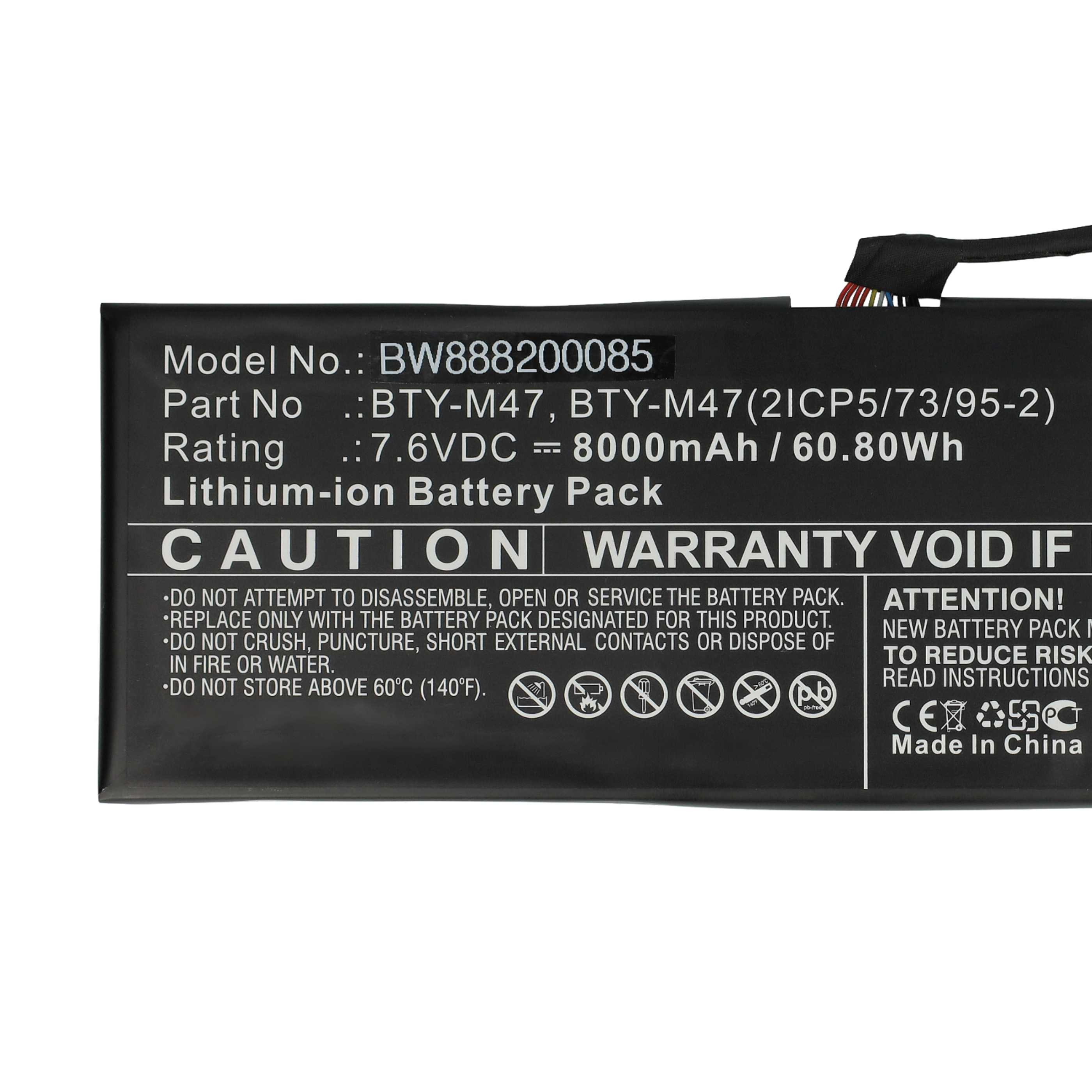 Batterie remplace MSI BTY-M47, BTY-M47(2ICP5/73/95-2) pour ordinateur portable - 8060mAh 7,6V Li-ion, noir