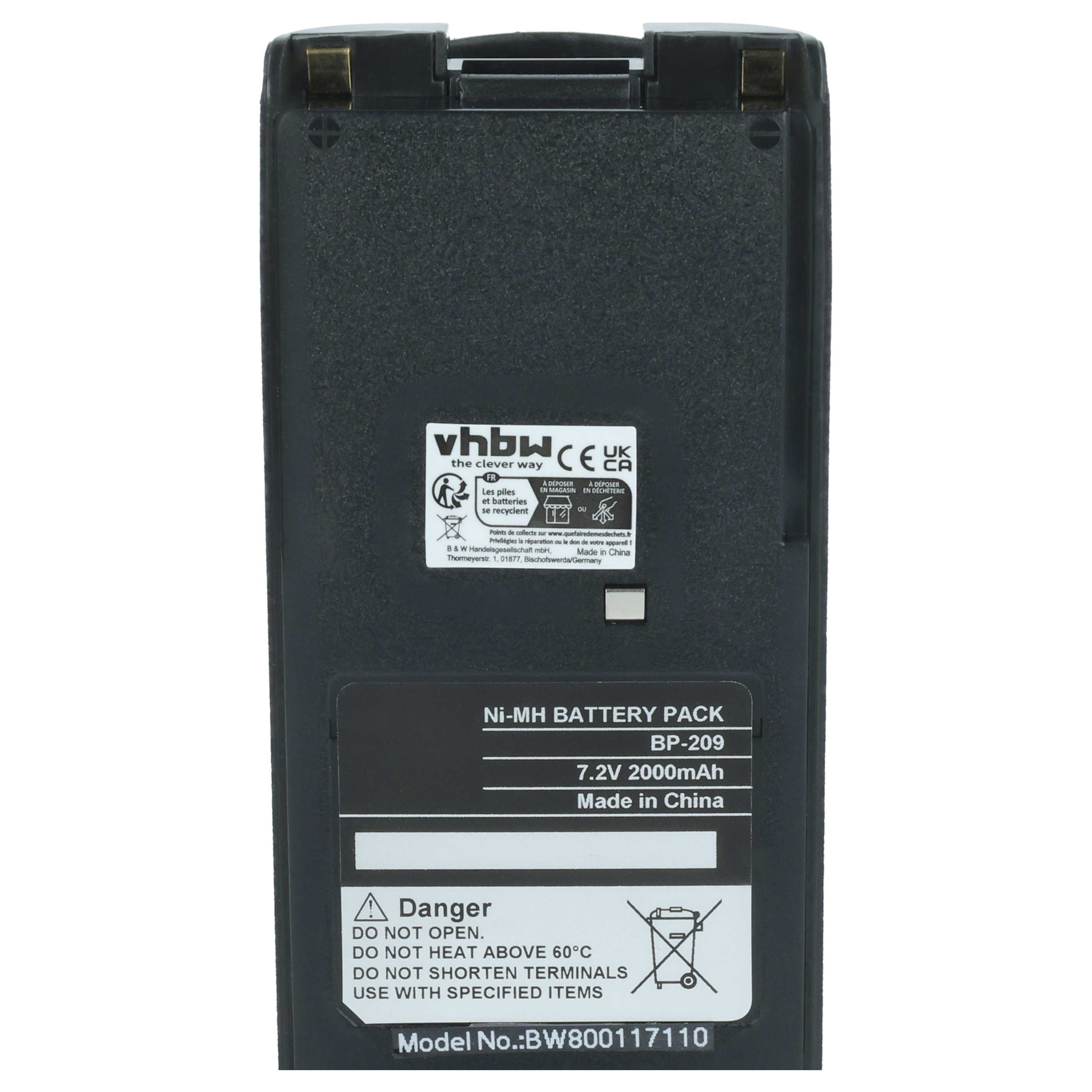 Radio Battery replaces Icom BP-210N, BP-210, BP-209N, BP-209, BP-222N, BP-222 - 2000 mAh 7.2 V NiMH