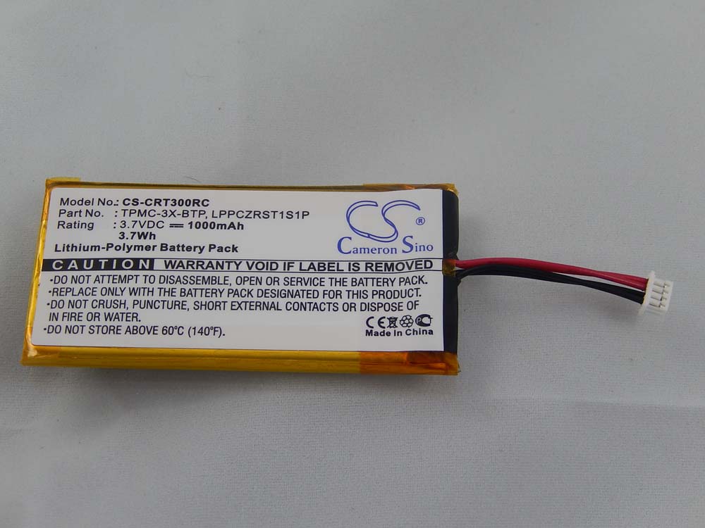 Batterie remplace Crestron TPMC-3X-BTP, LPPCZRST1S1P pour télécommande - 1000mAh 3,7V Li-polymère