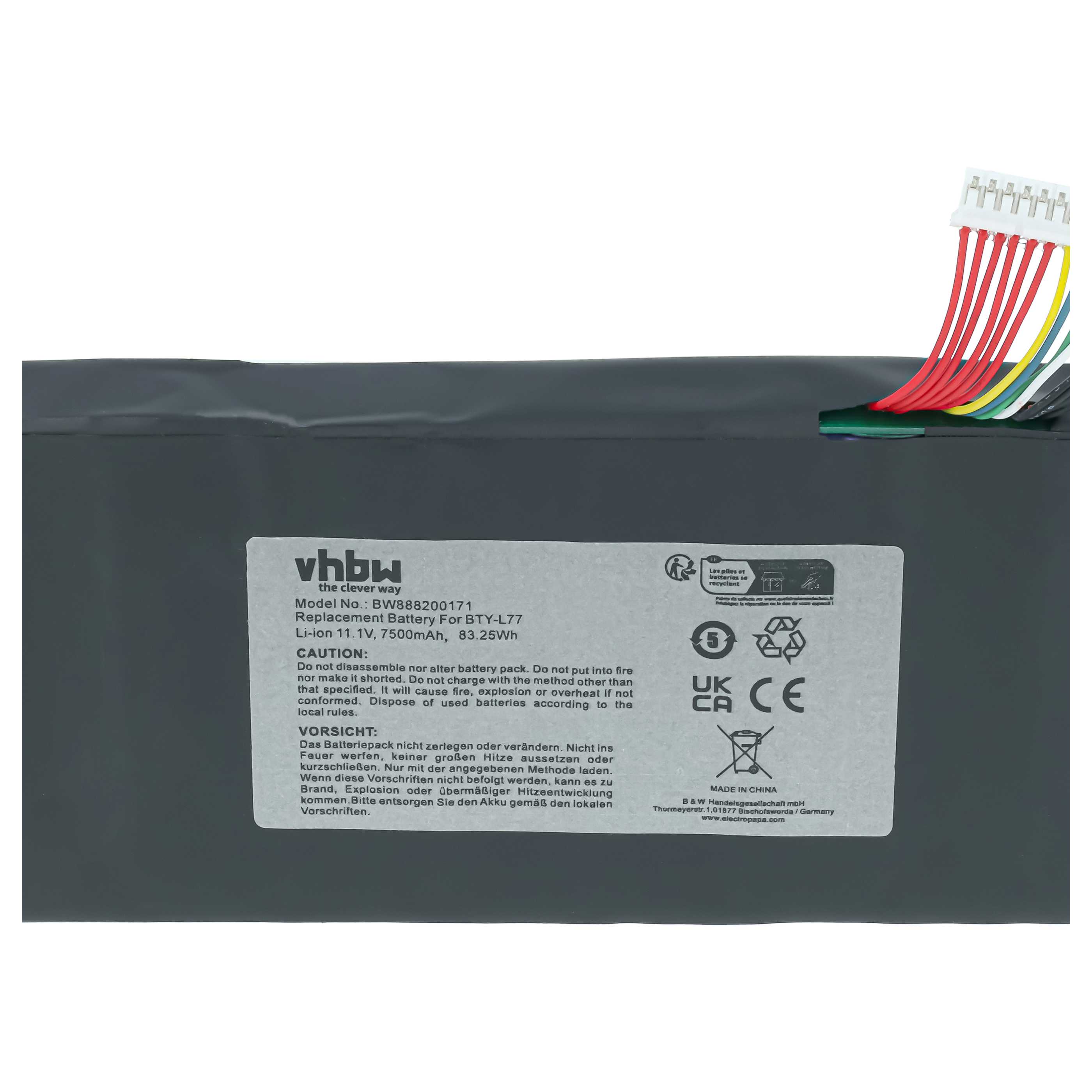 Batterie remplace MSI BTY-L77, MS-1784 pour ordinateur portable MSI- 7500mAh 11,1V Li-ion