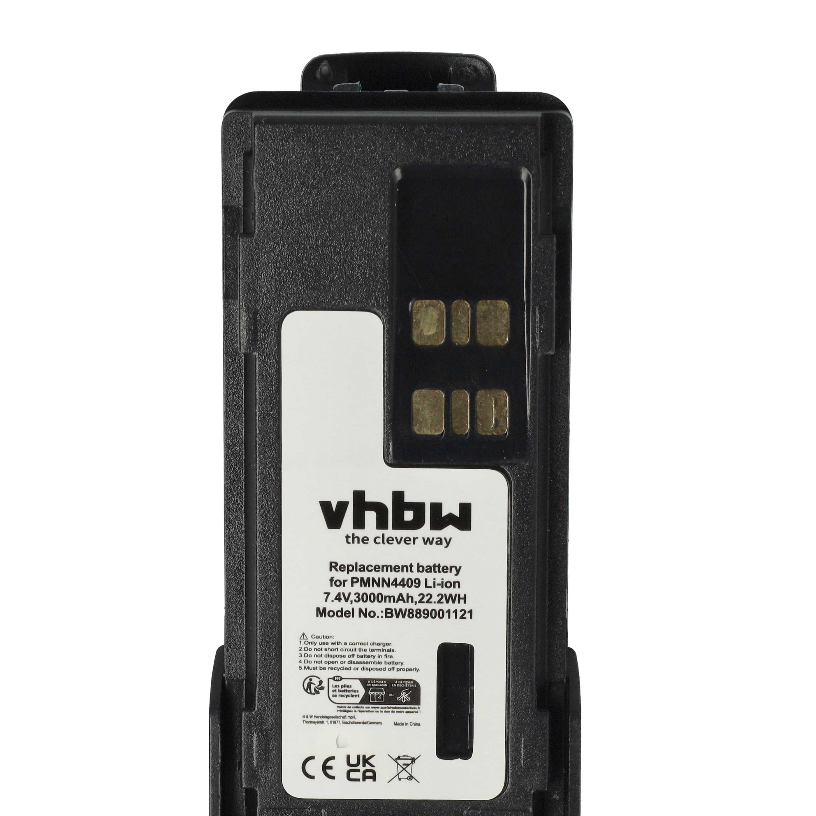 Radio 10x Battery replaces Motorola PMNN4406, PMNN4406BR, PMNN4409 - 3000 mAh 7.4 V Li-Ion + Belt Clip