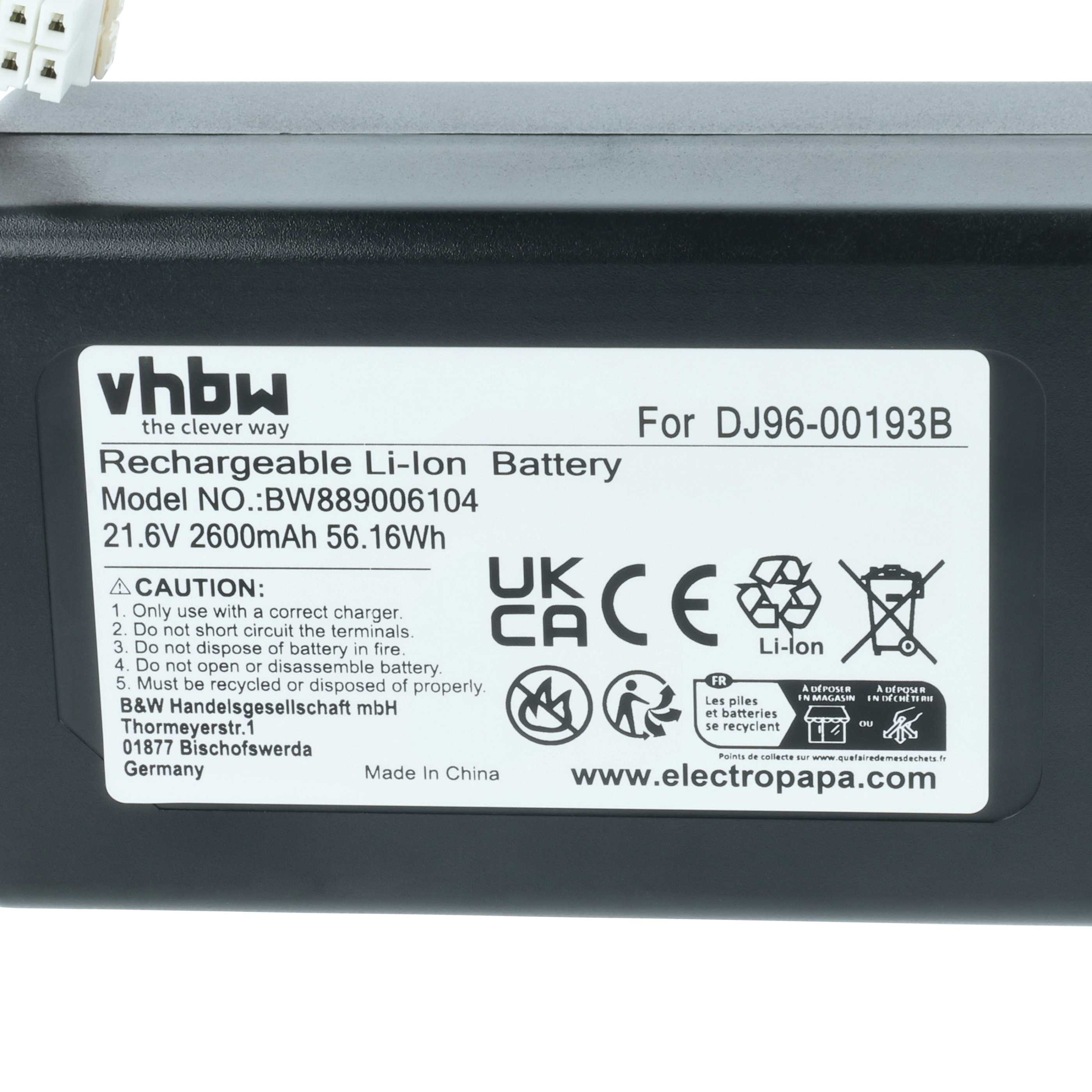 Batteria sostituisce Samsung DJ68-00741V-00, DJ96-00193B per robot aspiratore - 2,6Ah 21,6V Li-Ion