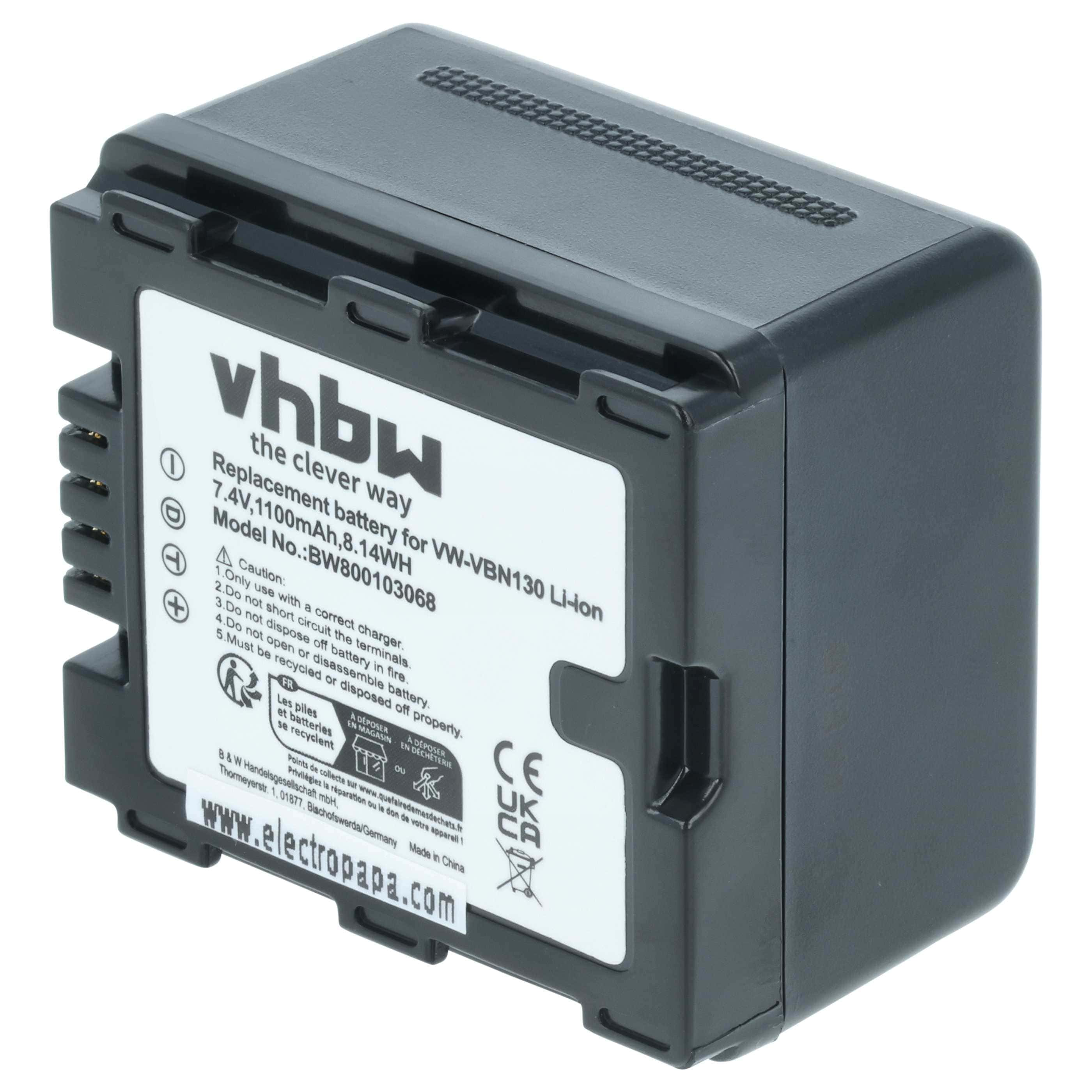 Videocamera Battery replaces Panasonic VW-VBN130, VW-VBN130E, VW-VBN130E-K, VW-VBN260 - 1100 mAh 7.2 V Li-Ion