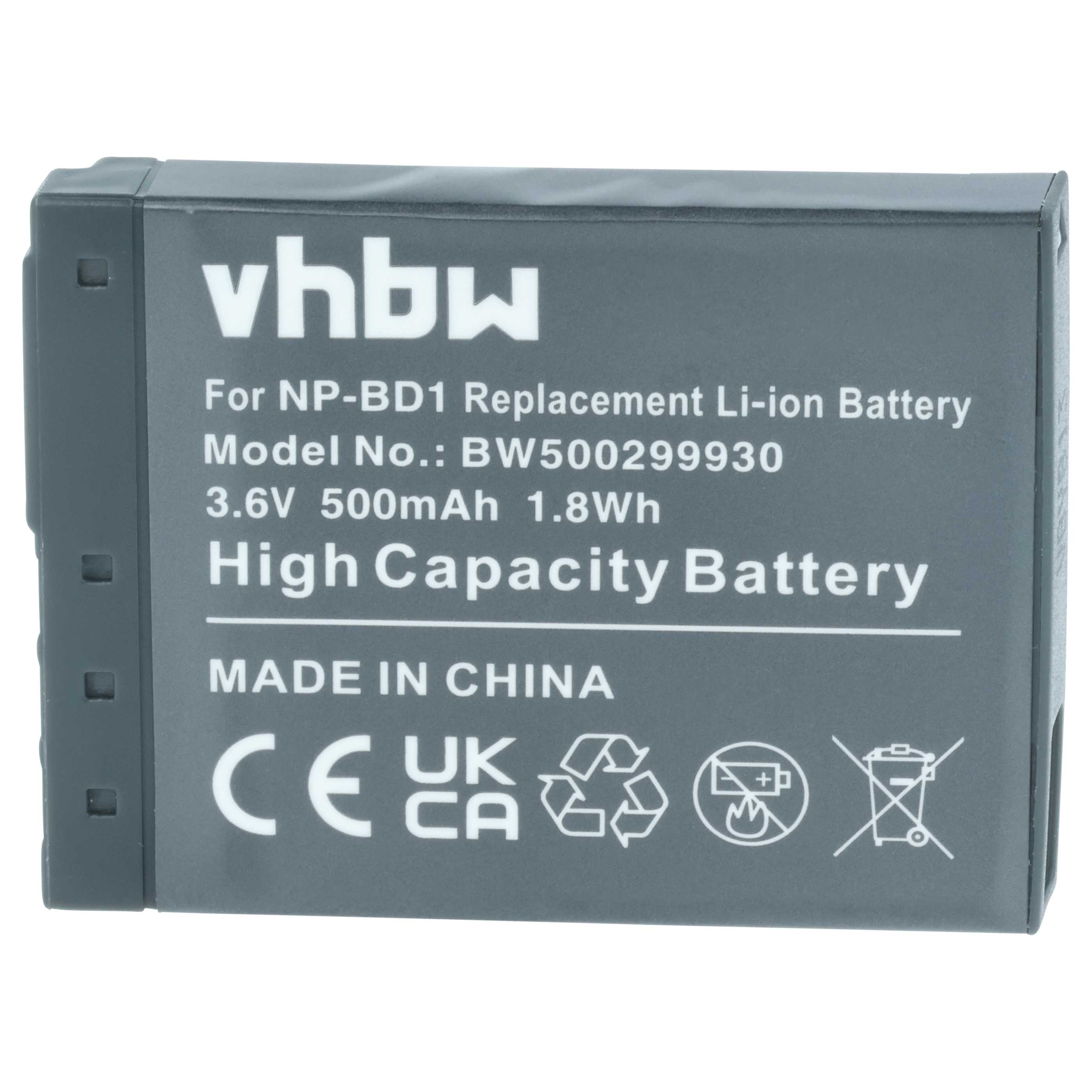 Battery replaces Sony NP-BD1, NP-FD1 - 500mAh, 3.6V, Li-Ion