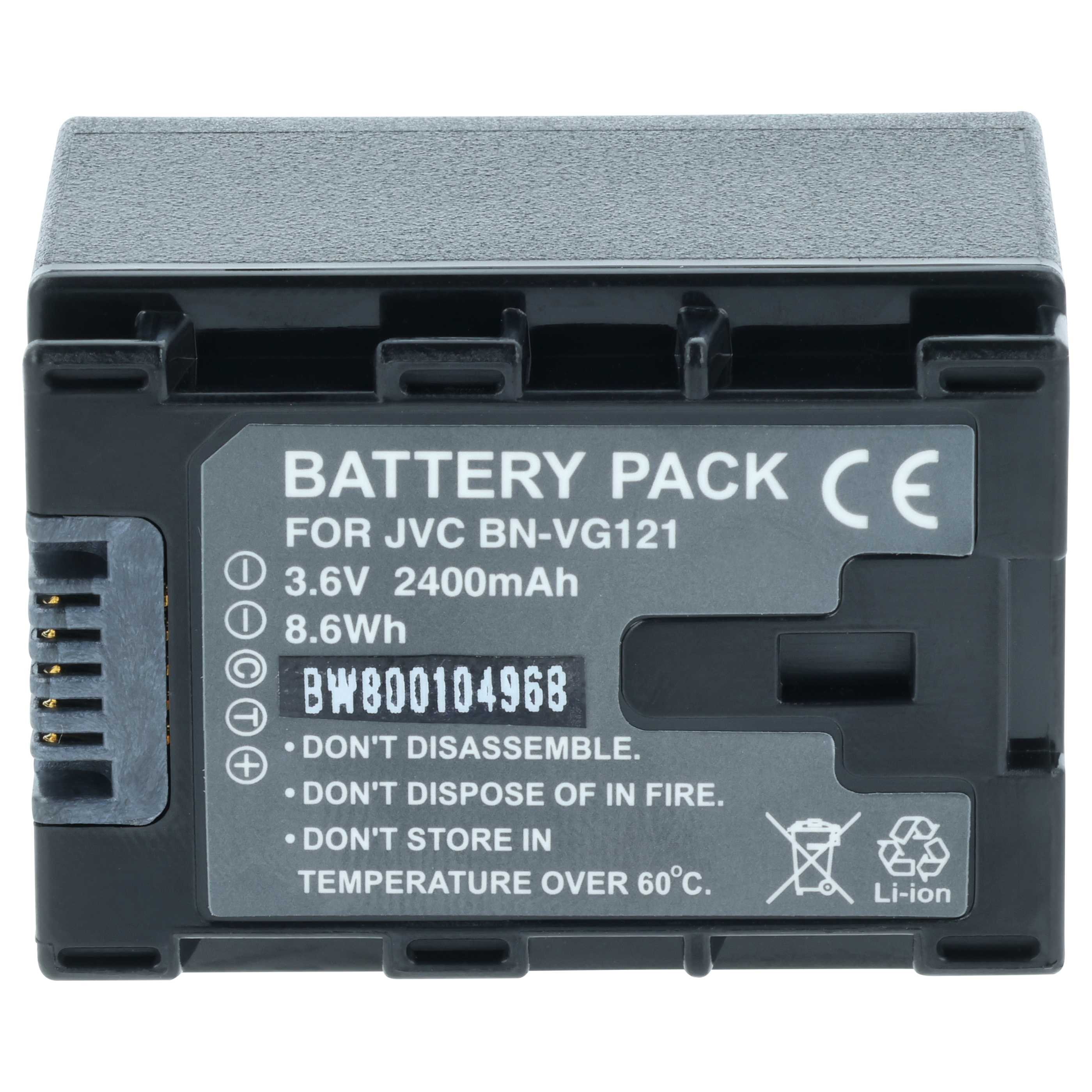 Videocamera Battery replaces JVC BN-VG121, BN-VG121AC, BN-VG121E, BN-VG121SU - 2400 mAh 3.6 V Li-Ion