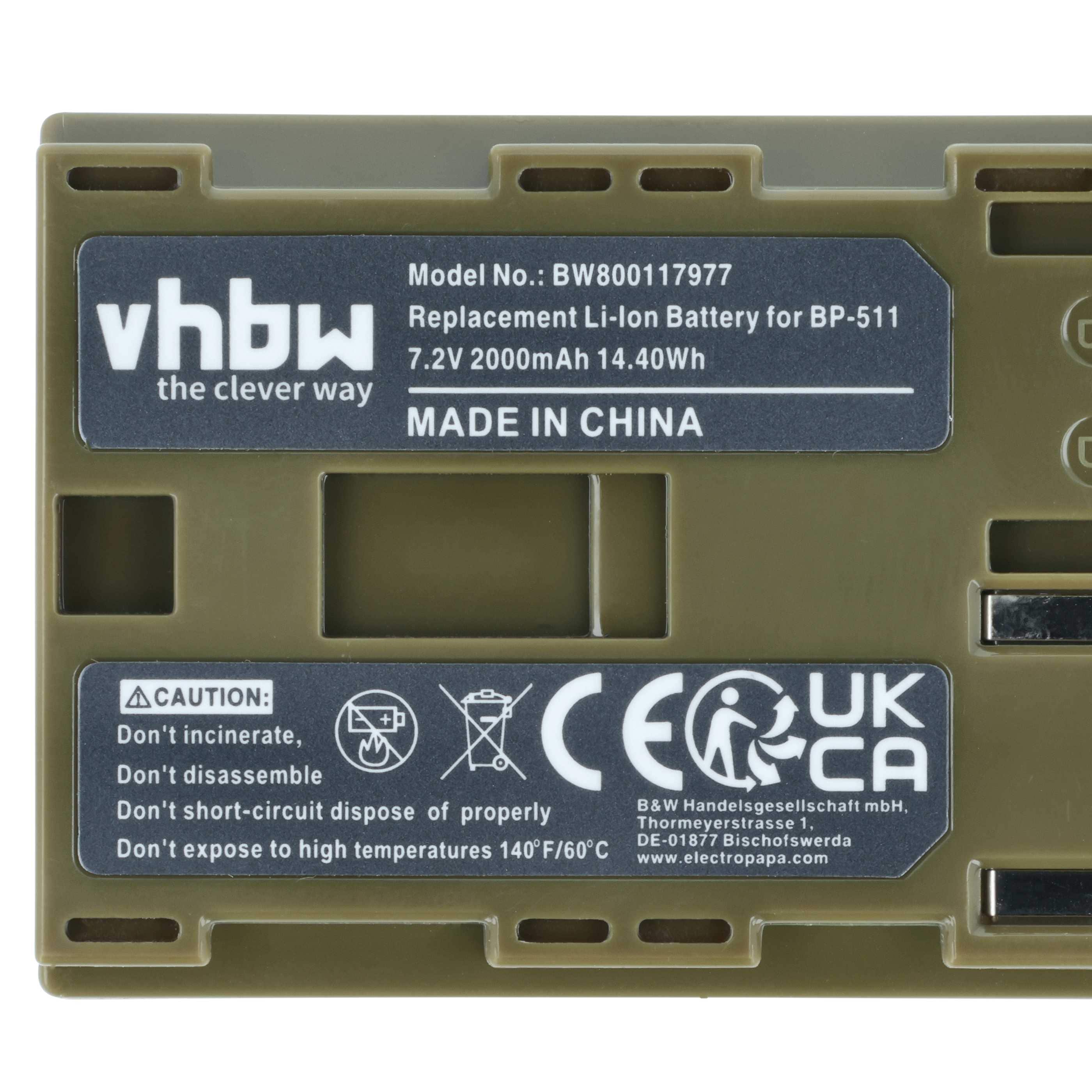 2x Battery replaces Canon BP-511A, BP-512, BP-514, BP-511, BP-508 - 2000mAh, 7.4V, Li-Ion