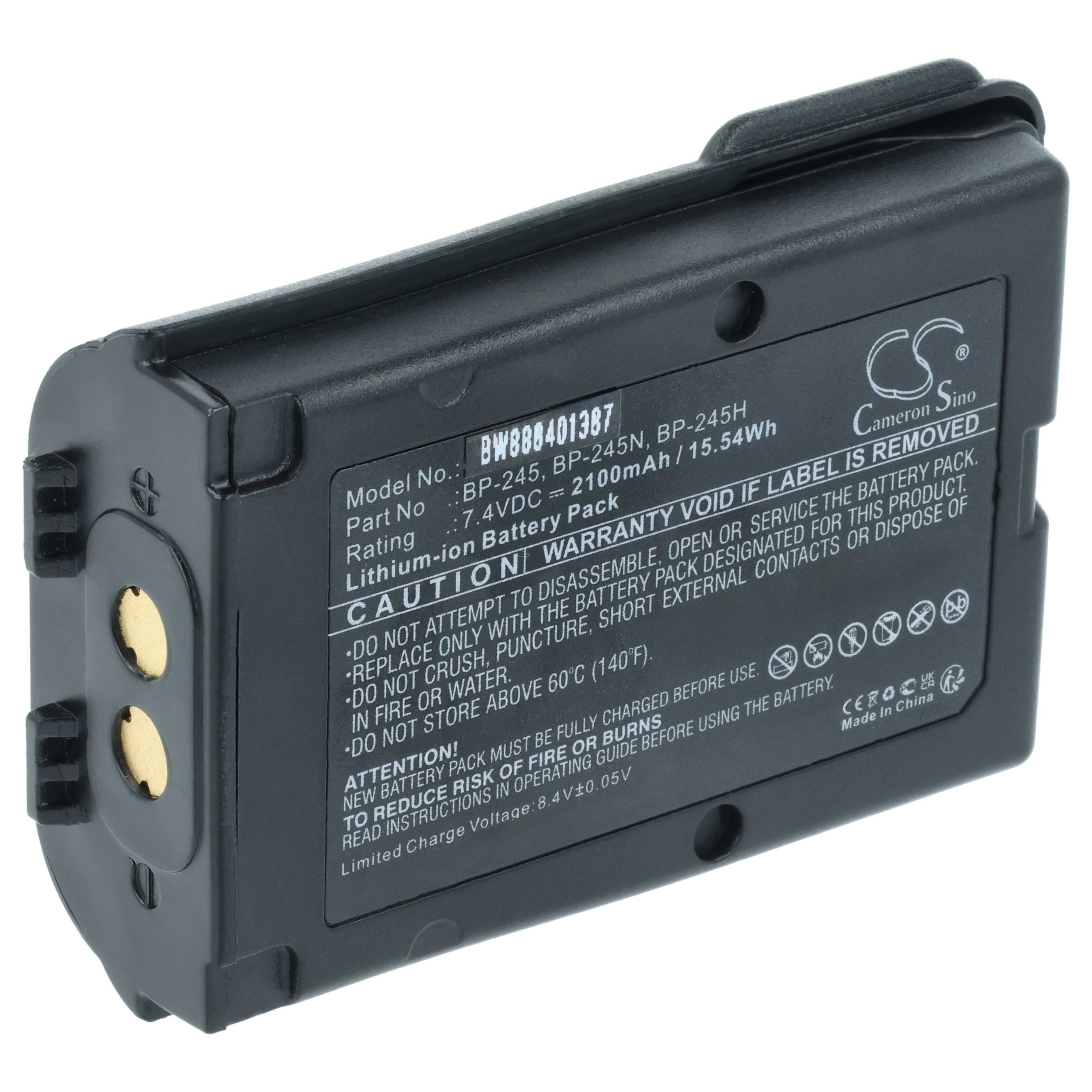 Radio Battery replaces Icom BP-245H, BP-245N, BP-245 - 2100 mAh 7.4 V Li-Ion + Belt Clip