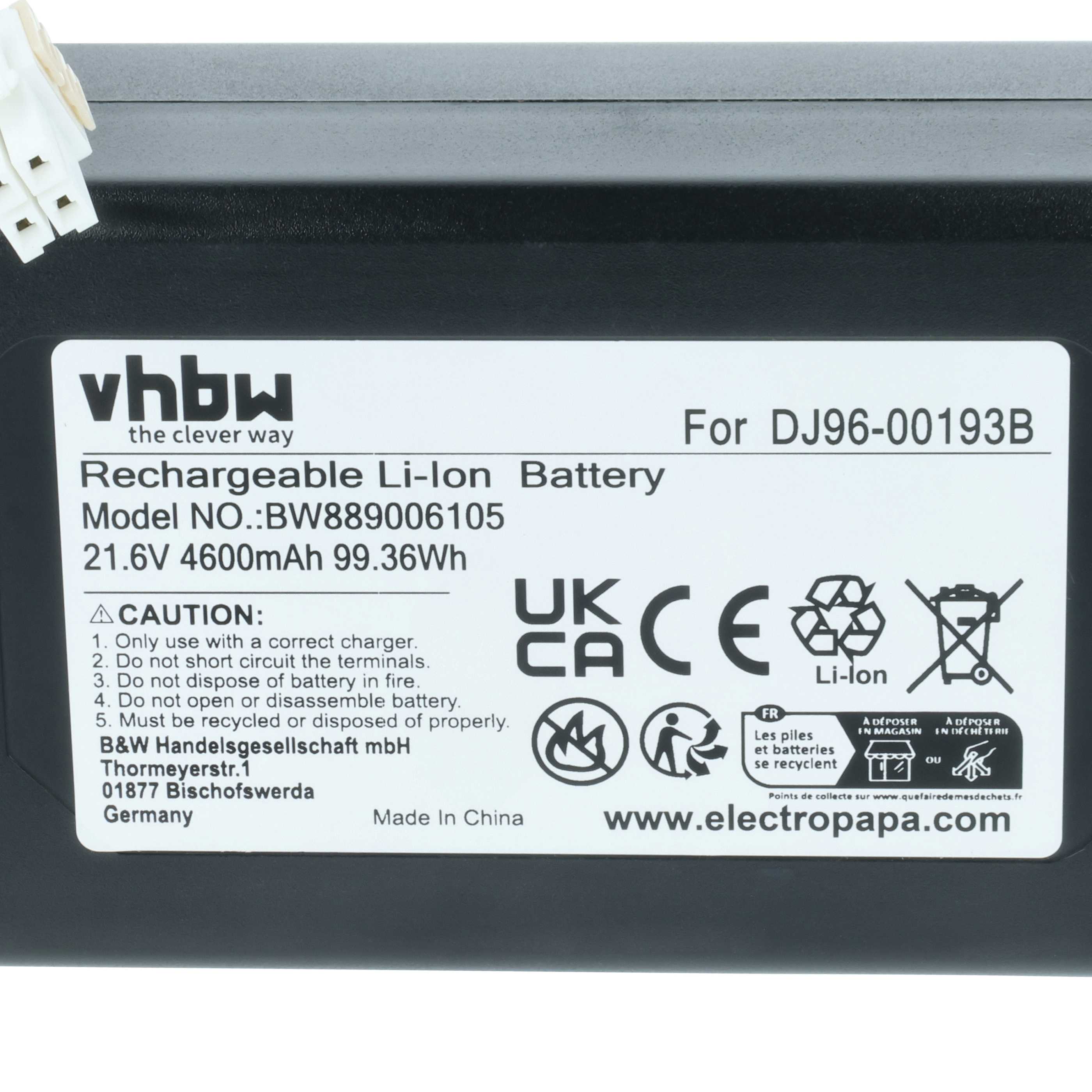 Battery replaces Samsung DJ96-00193F, DJ96-00193B, DJ68-00741V-00, VCA-RBT72 for Samsung 4600mAh, 21.6V, Li-Ion