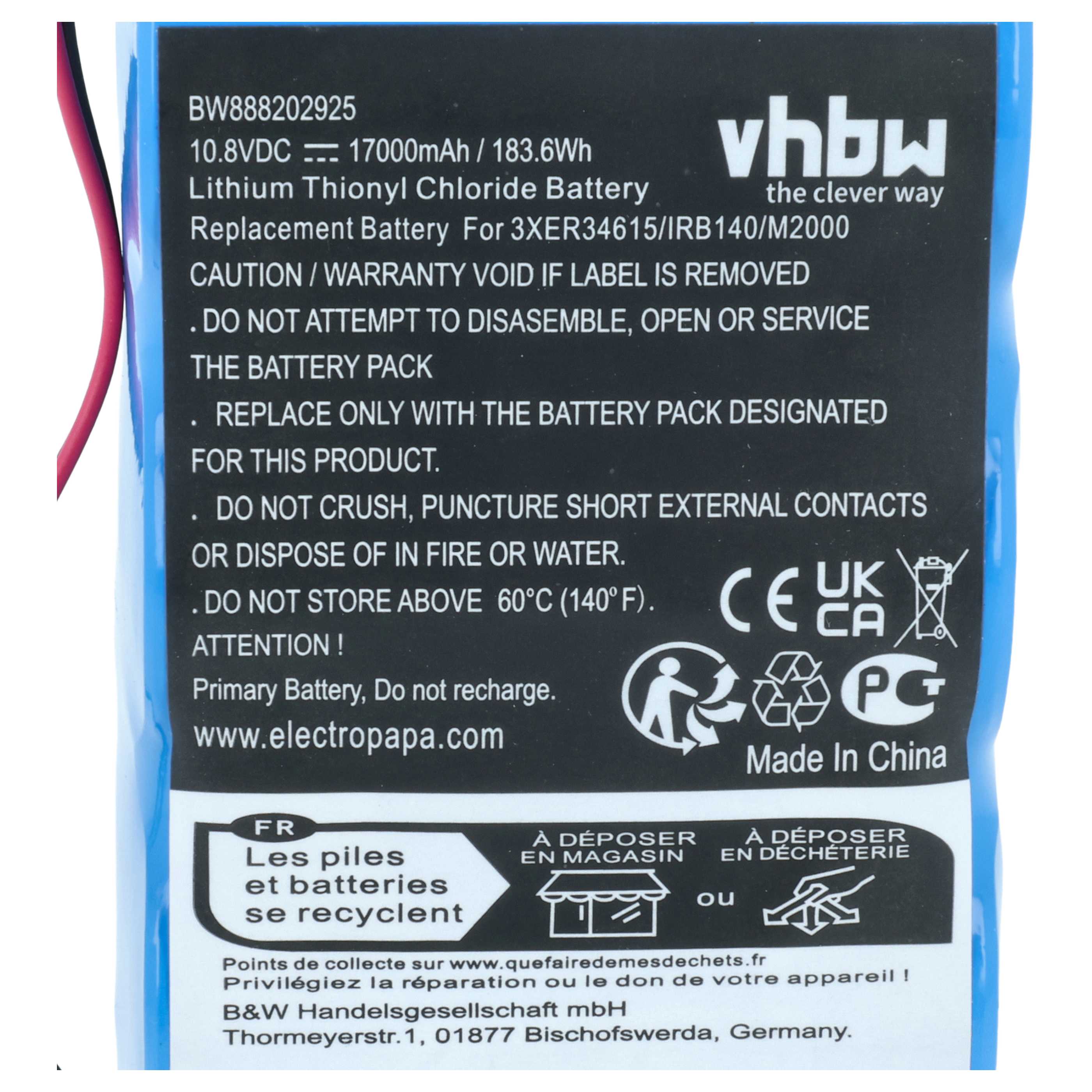 Pile (2 pcs.) remplace ABB 3HAB9999-1, 1SAP180300R0001 pour robot industriel ABB - 17000mAh 10,8V Li-SOCl2