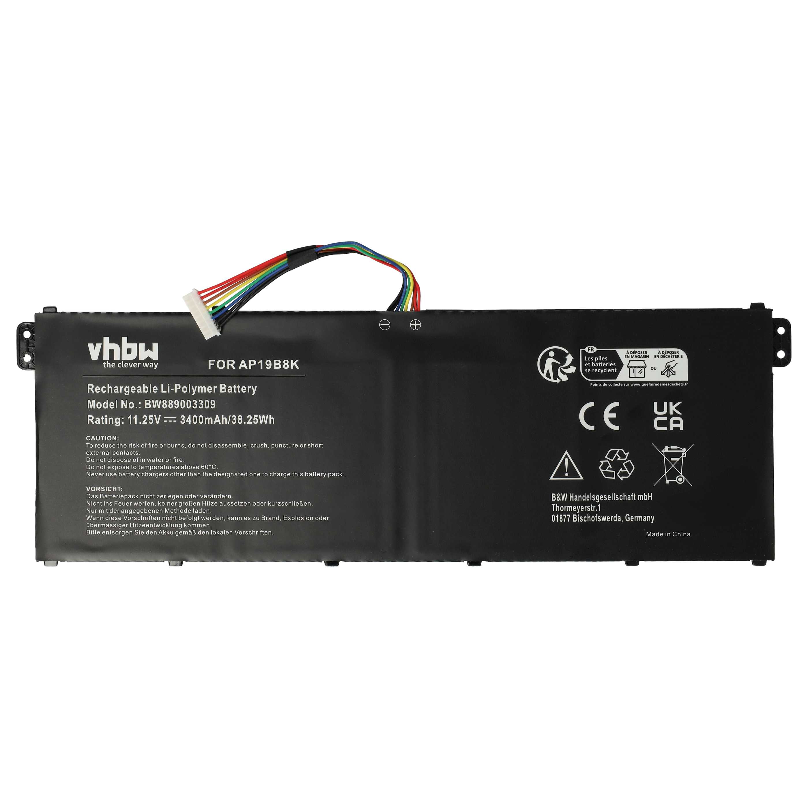 Batterie remplace Acer AP19B8K, AP18C4K pour ordinateur portable - 3400mAh 11,25V Li-polymère, noir