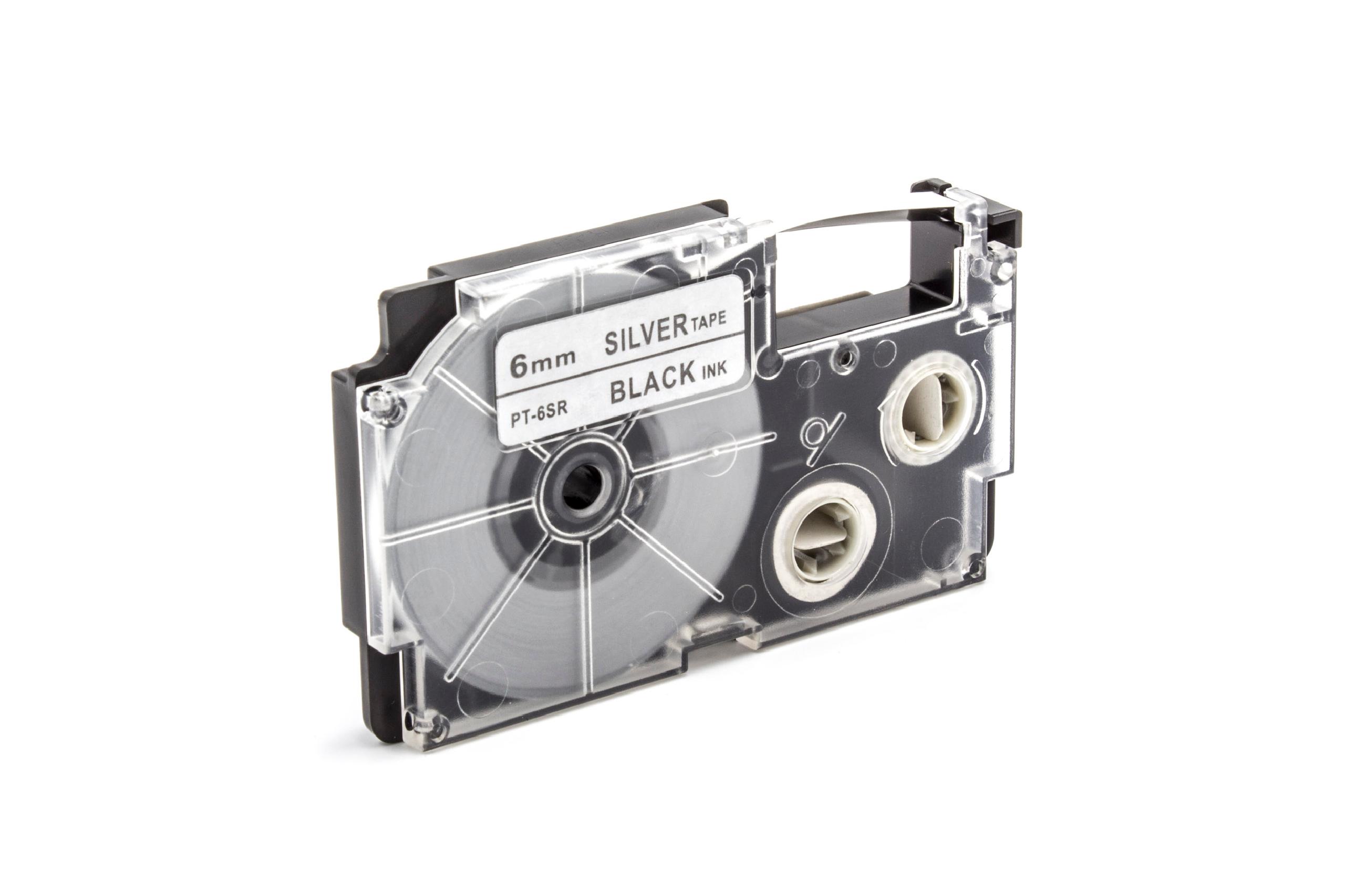 Cassette à ruban remplace Casio XR-6SR1, XR-6SR - 6mm lettrage Noir ruban Argent