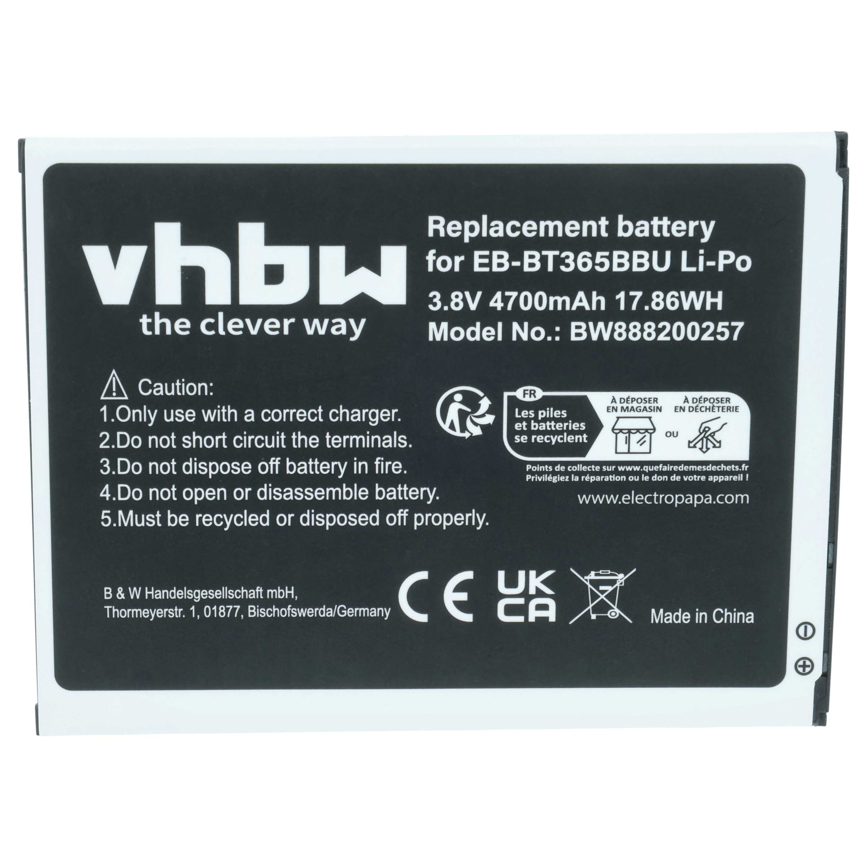 Akumulator zamiennik Samsung EB-BT365BBU, EB-BT365BBC, EB-BT365BBE, EB-BT365BBUBUS - 4700 mAh 3,8 V LiPo