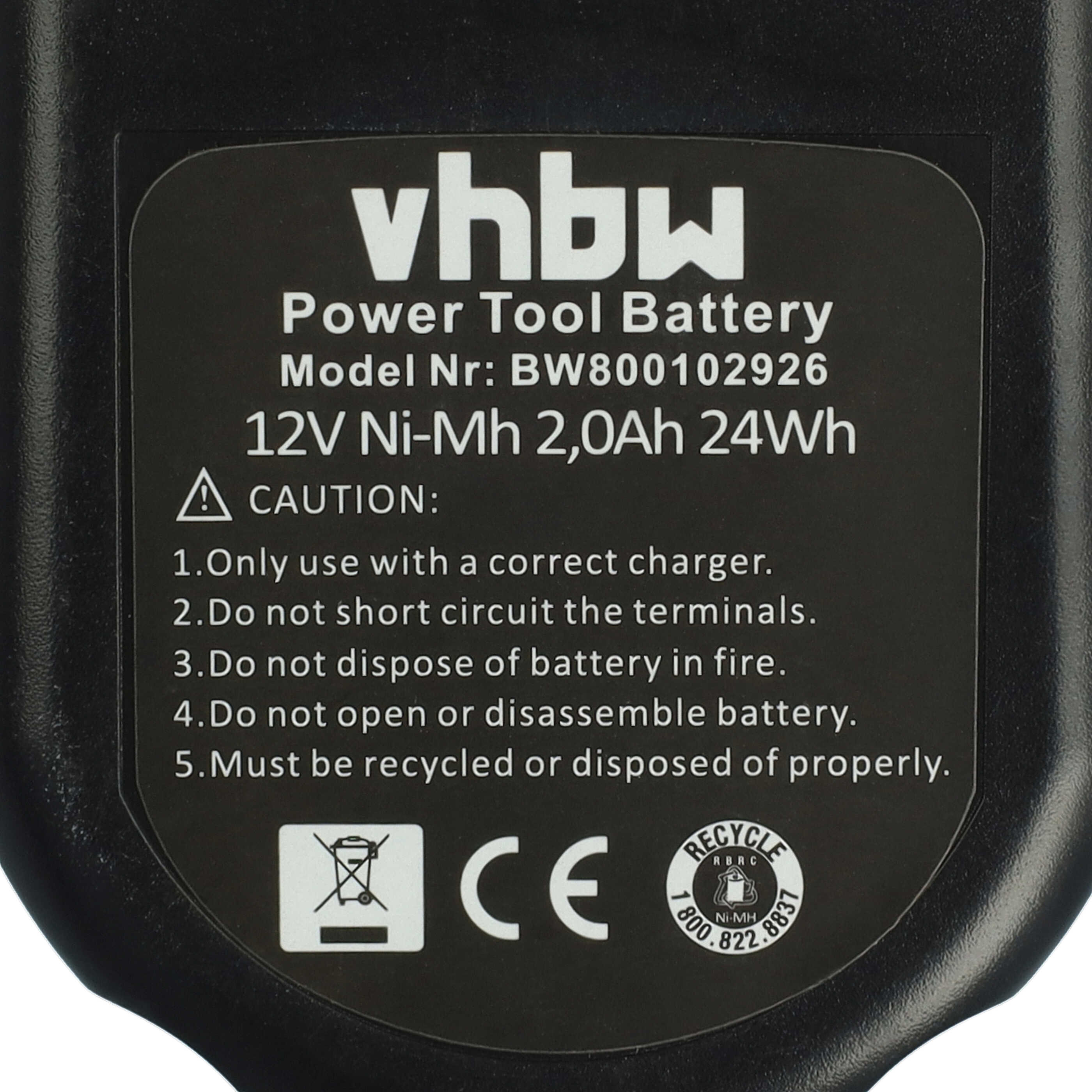 Batteria per attrezzo sostituisce Black & Decker A9252 - 2000 mAh, 12 V, NiMH