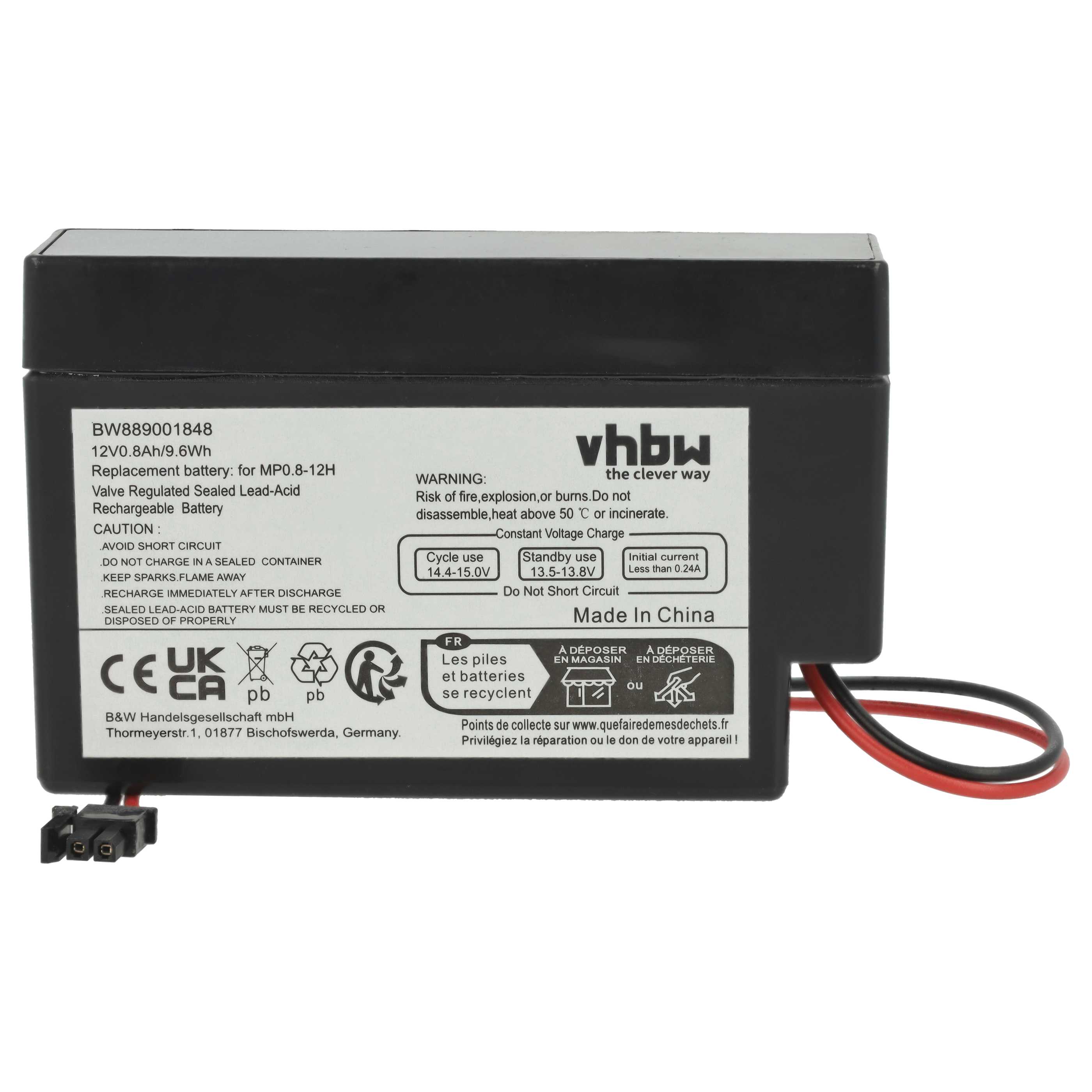 2x Batteria sostituisce MP0.8-12H - 800mAh 12V AGM, connettore AMP