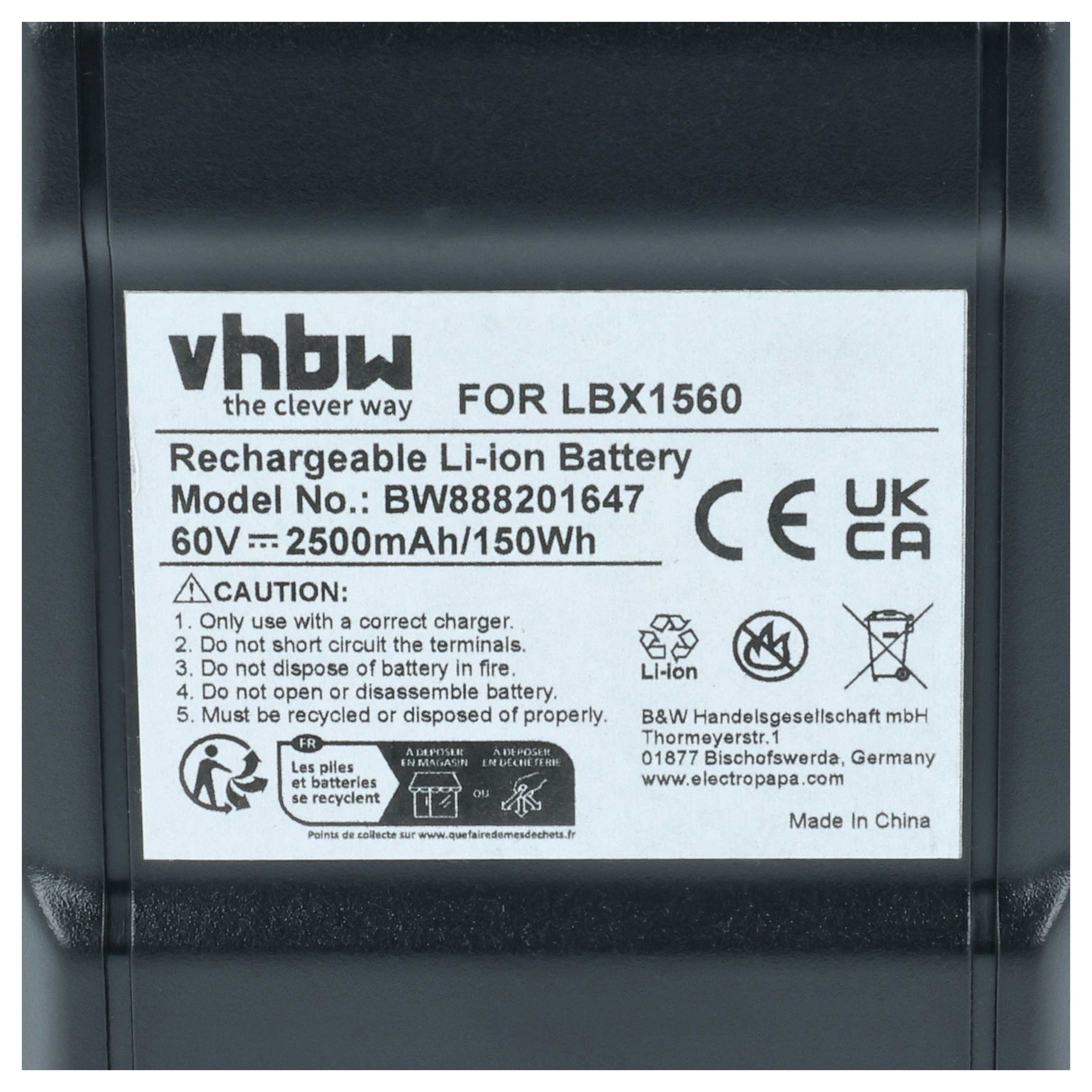 Battery replaces Black & Decker LBX1560, LBX2560 Electric Power Tool - 2500 mAh, 60 V, Li-Ion