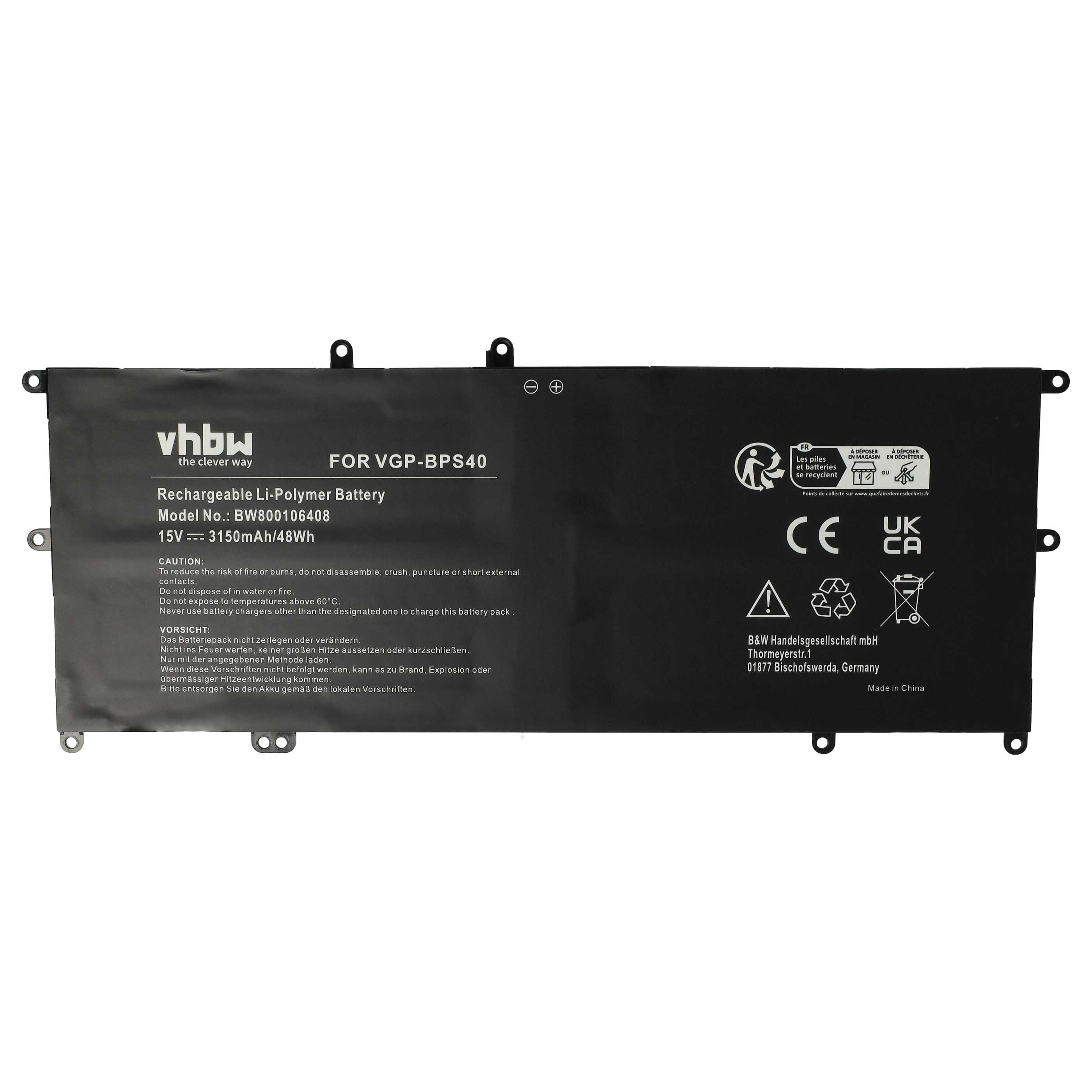 Notebook Battery Replacement for Sony VGP-BPS40 - 3150 mAh 15 V Li-polymer, black