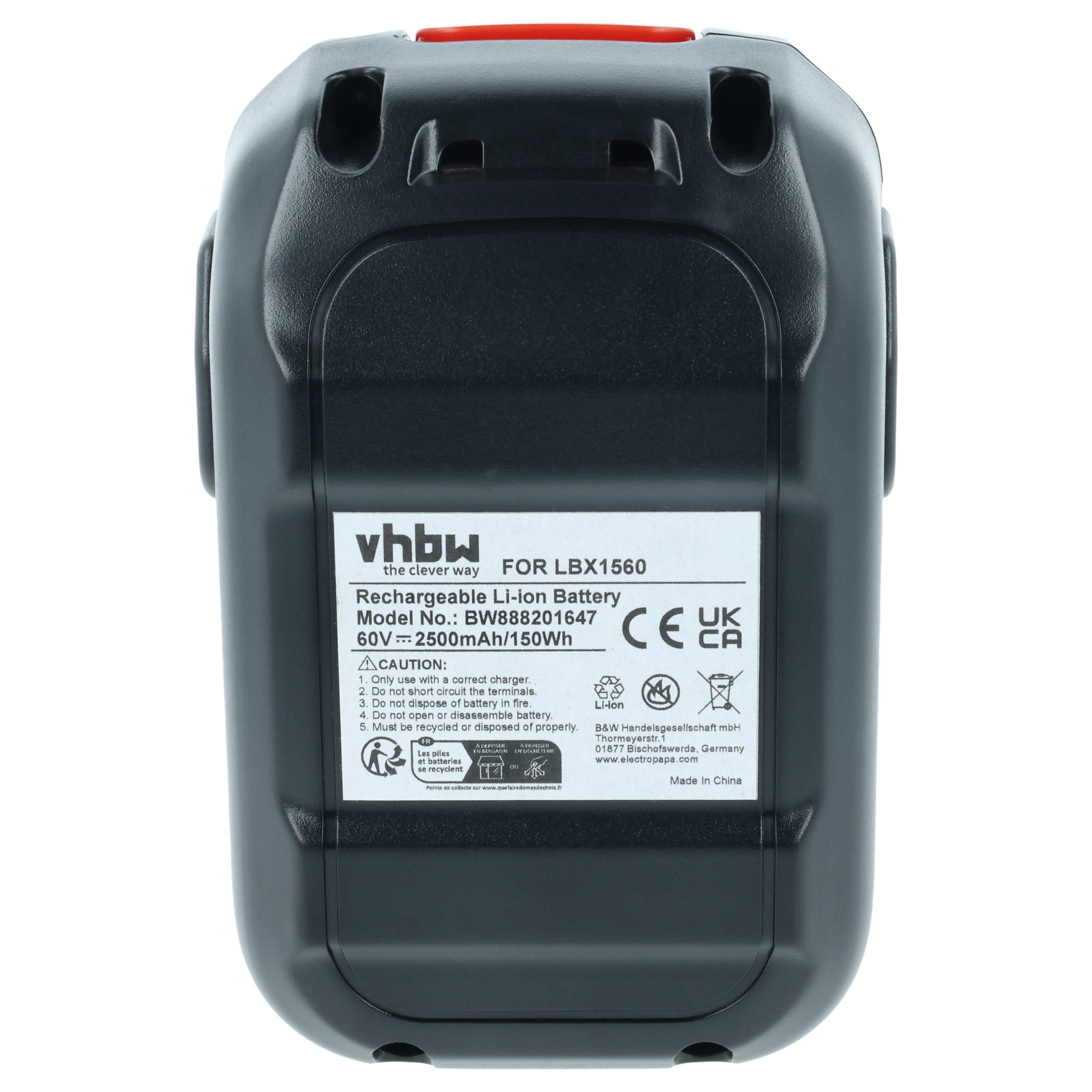 Battery replaces Black & Decker LBX1560, LBX2560 Electric Power Tool - 2500 mAh, 60 V, Li-Ion