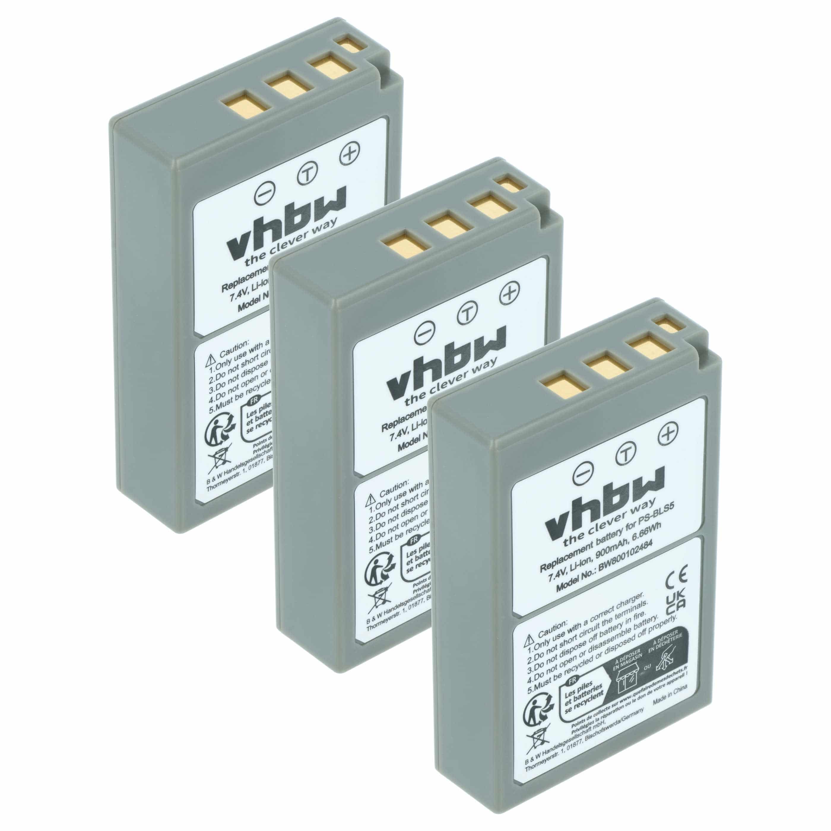 3x Battery replaces Olympus PS-BLS5, BLS50, BLS-5, BLS-50 - 900mAh, 7.2V, Li-Ion