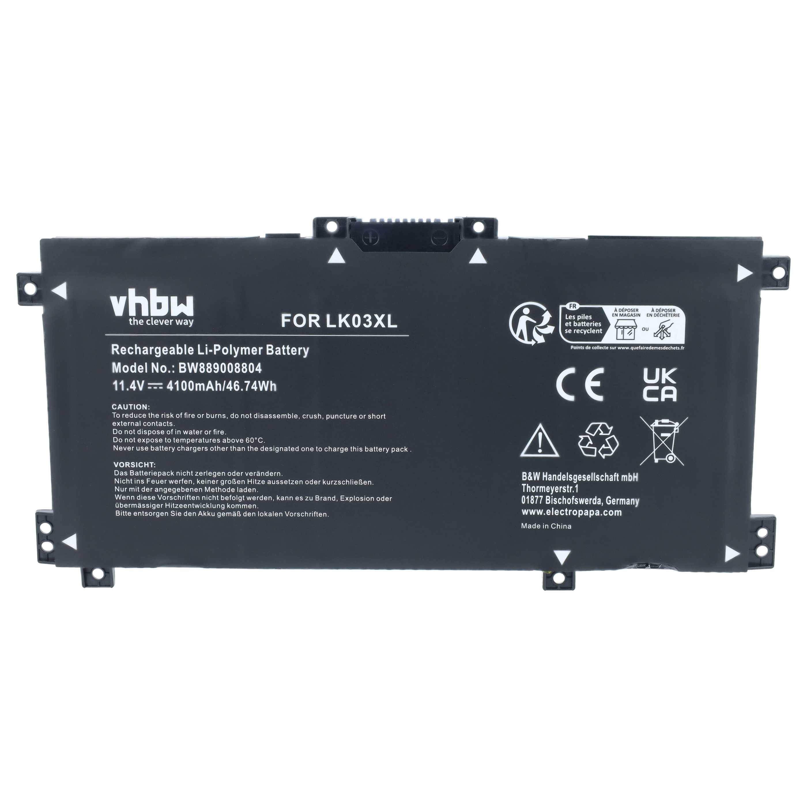 Notebook-Akku als Ersatz für HP 916368-541, 916814-855 für HP - 4100mAh 11,4V Li-Polymer, schwarz