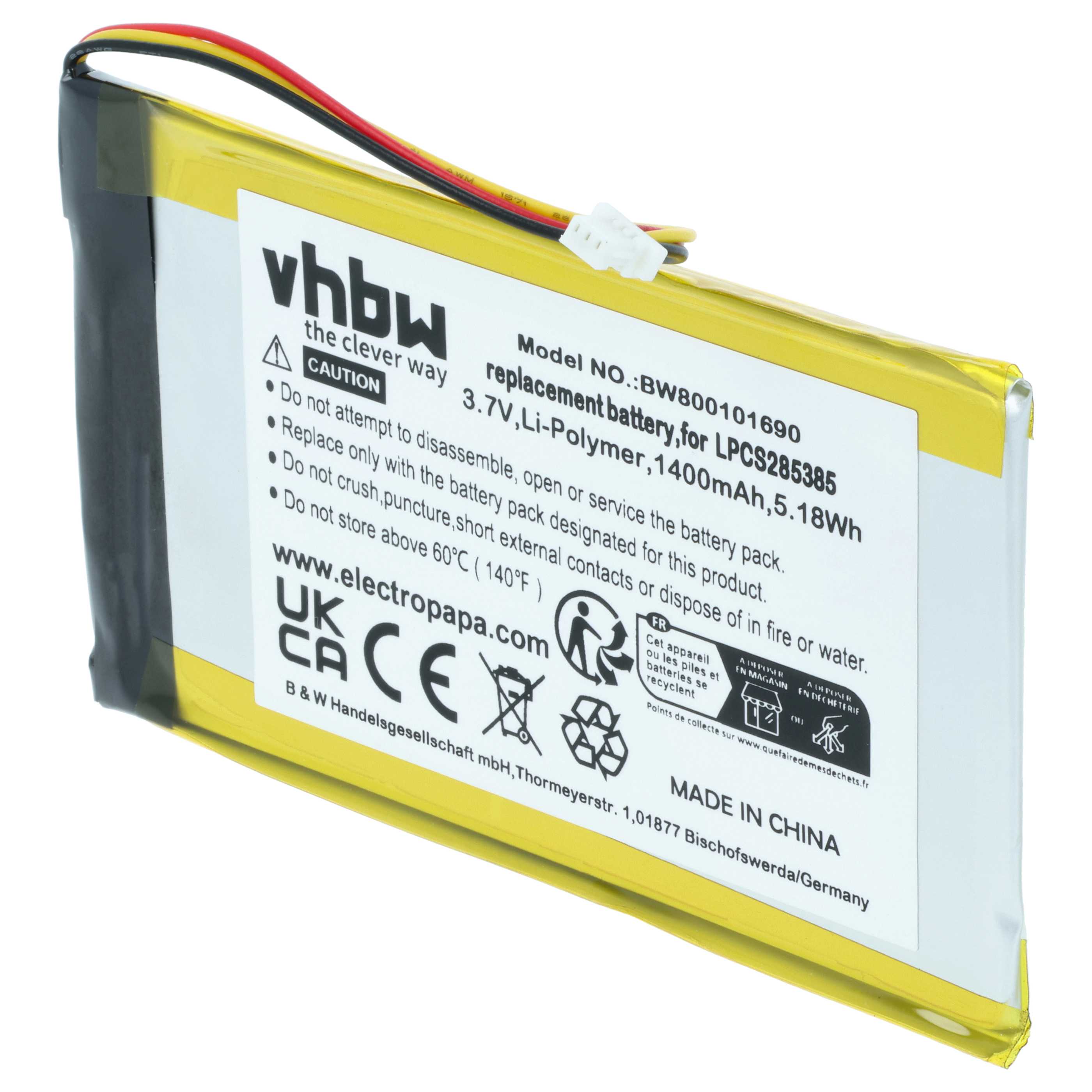 MP3-Player Battery replaces Creative Labs LPCS285385, BA20603R79914, DVP-HD0003 - 1400 mAh 3.7 V Li-Ion