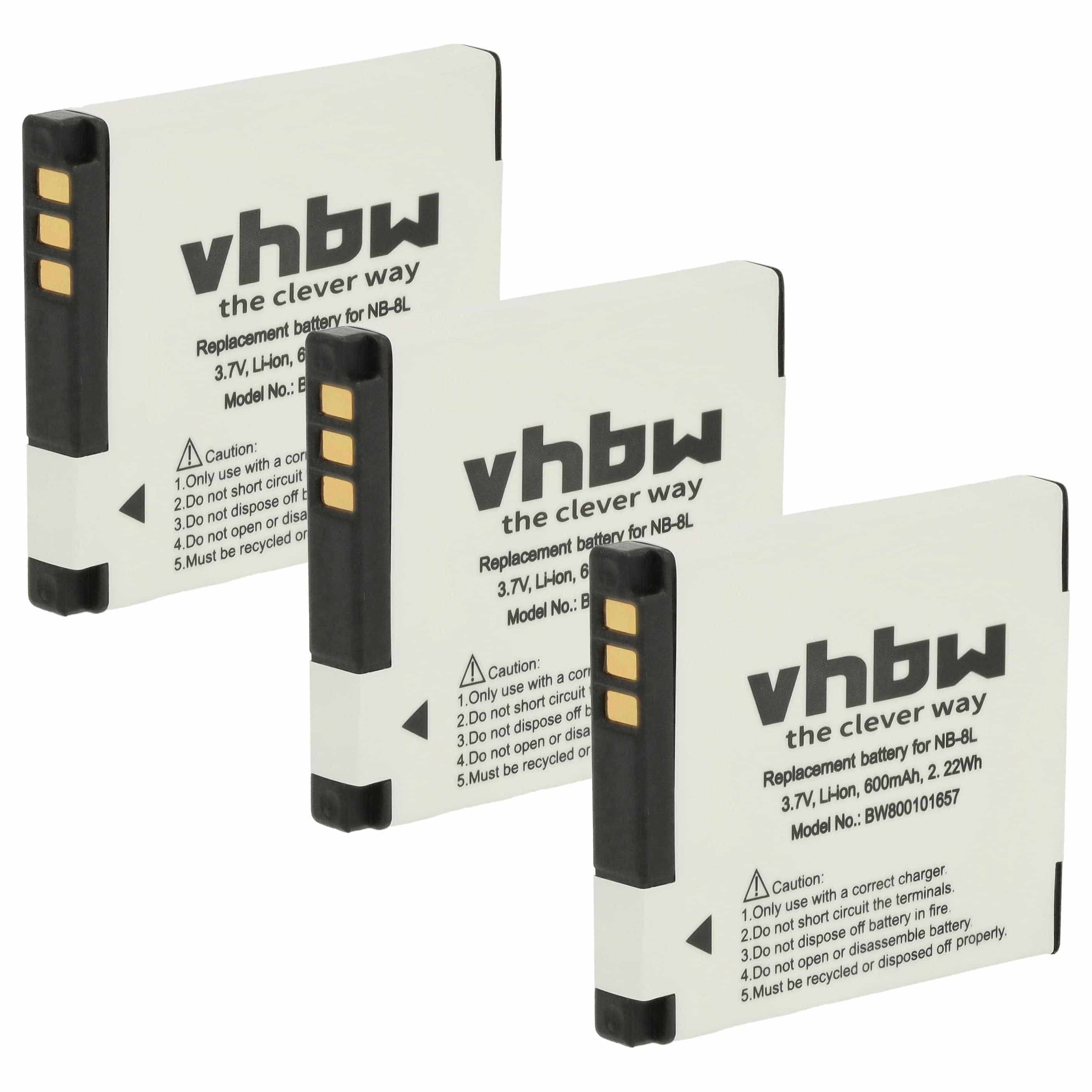 3x Battery replaces Canon NB-8L - 600mAh, 3.6V, Li-Ion