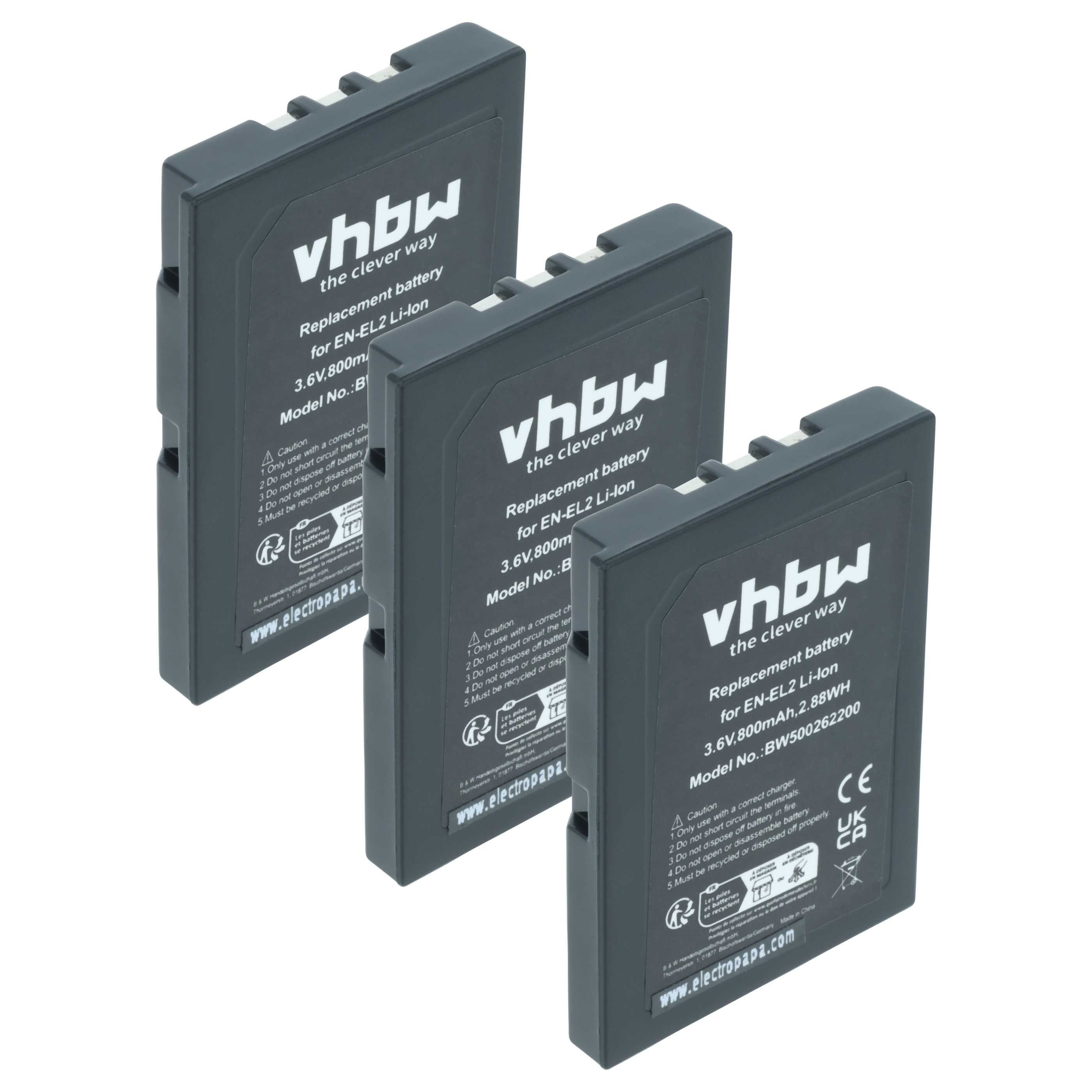 3x Battery replaces Nikon EN-EL2 - 800mAh, 3.6V, Li-Ion