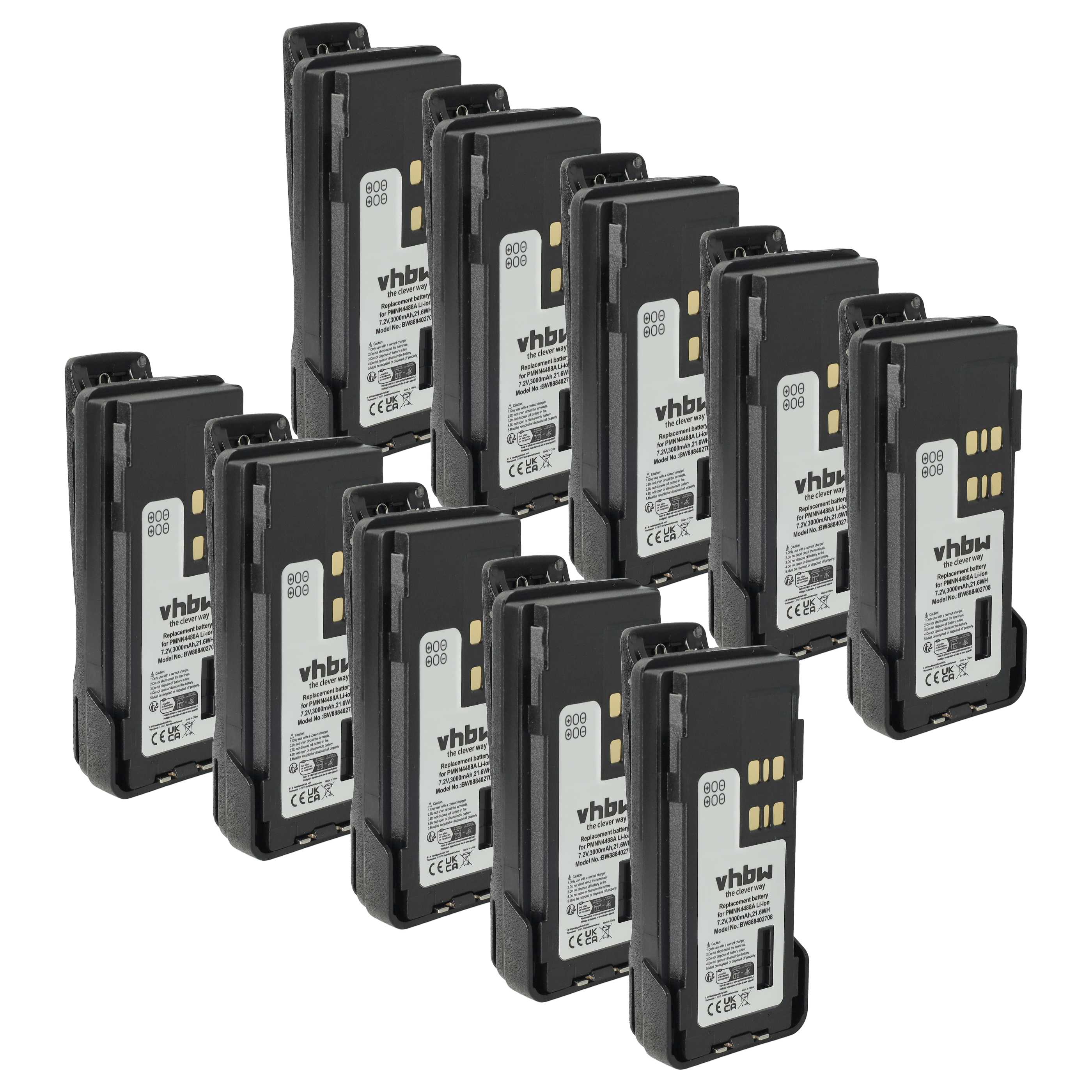 Radio 10x Battery replaces Motorola PMNN441, PMNN4415, PMNN4415AR - 3000 mAh 7.2 V Li-Ion + Belt Clip