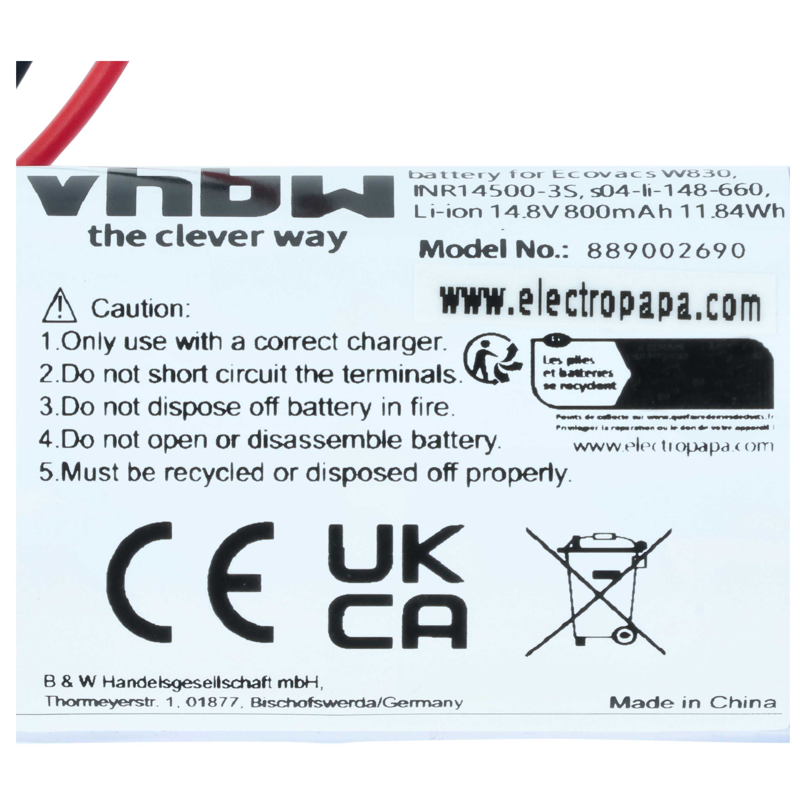 Battery replaces Ecovacs s04-li-148-660, 10001029, 10000605 for Ecovacs 800mAh, 14.8V, Li-Ion