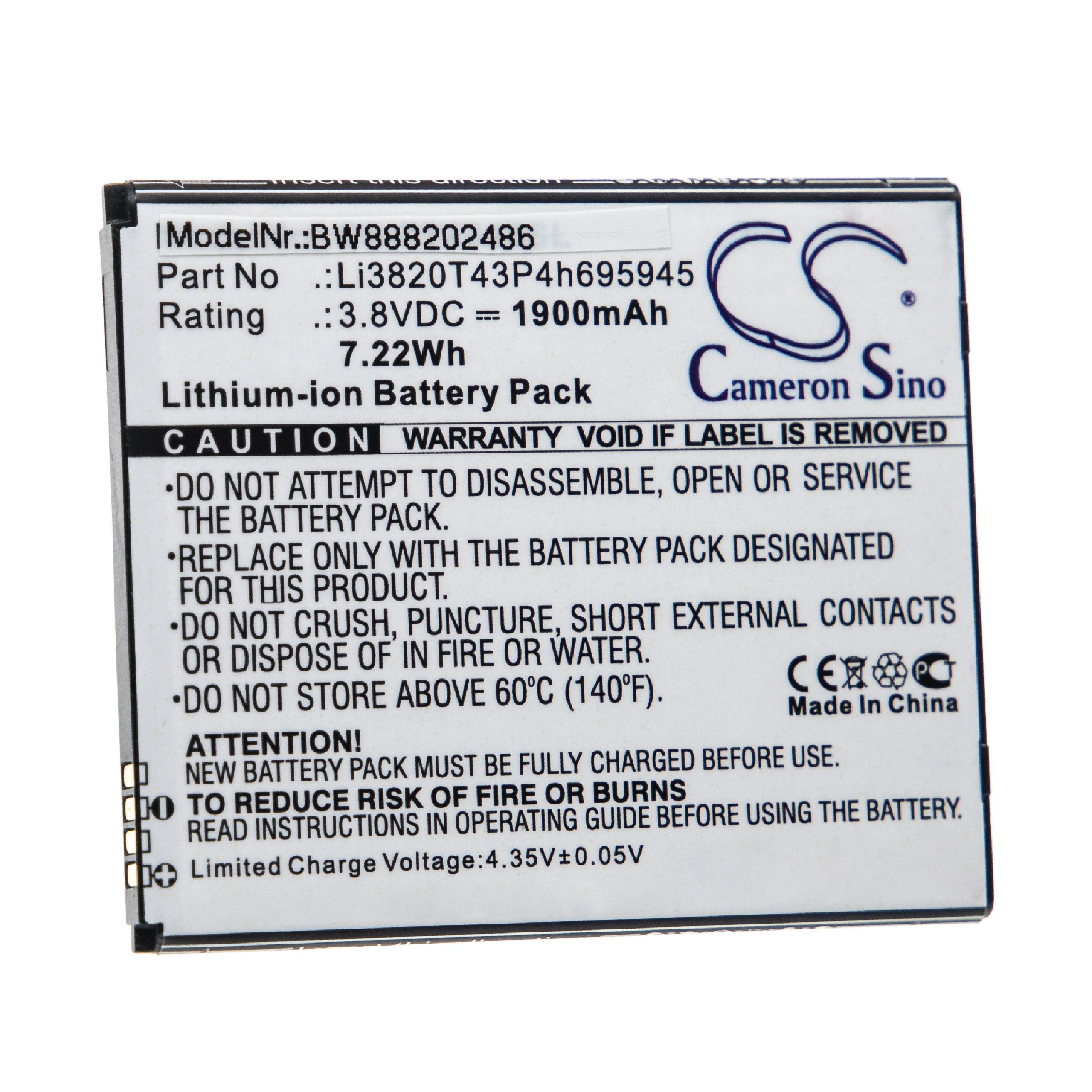 Batterie remplace ZTE Li3820T43P4h695945 pour téléphone portable - 1900mAh, 3,8V, Li-ion