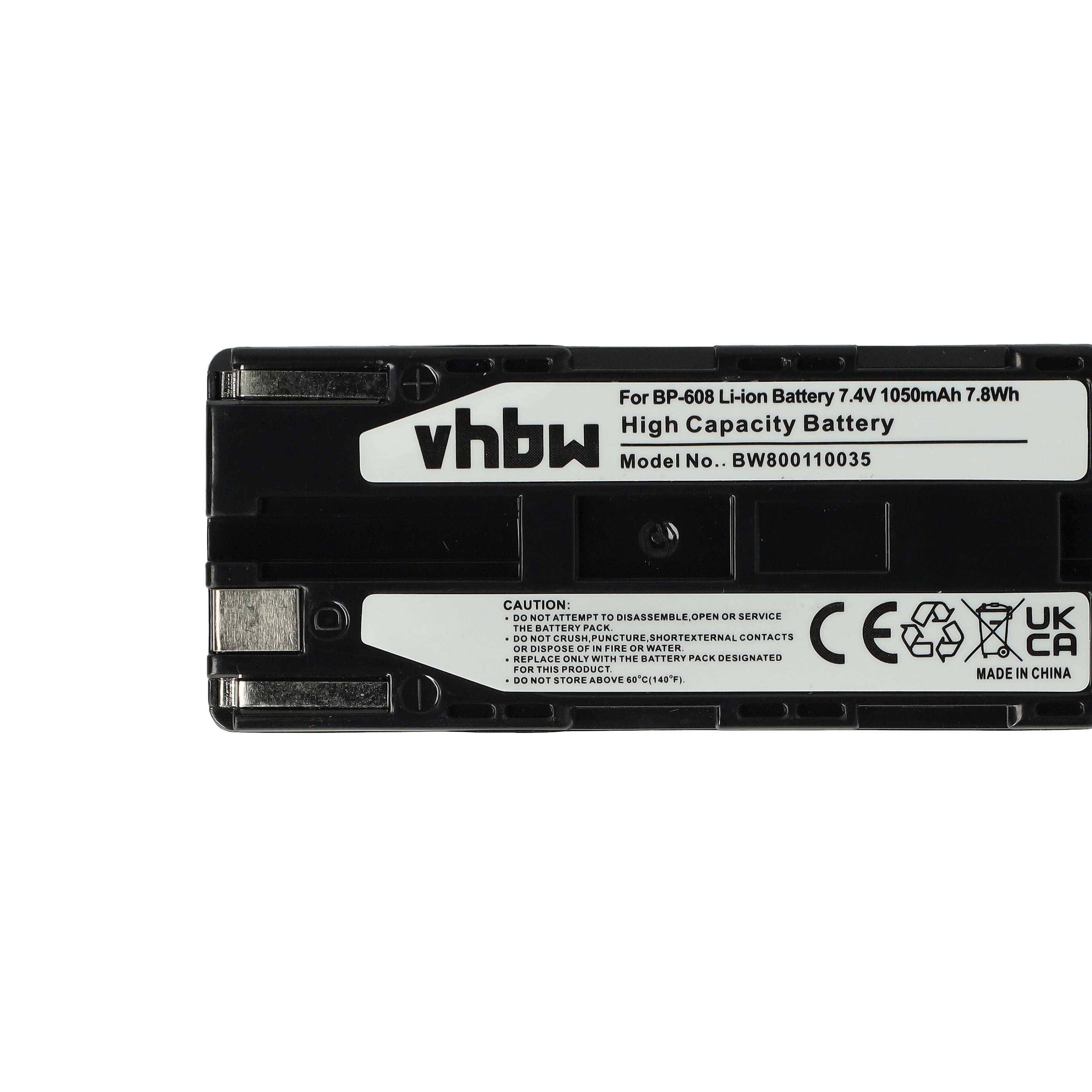 Videocamera Battery Replacement for Canon BP-608, BP-608A - 1050 mAh 7.4 V Li-Ion