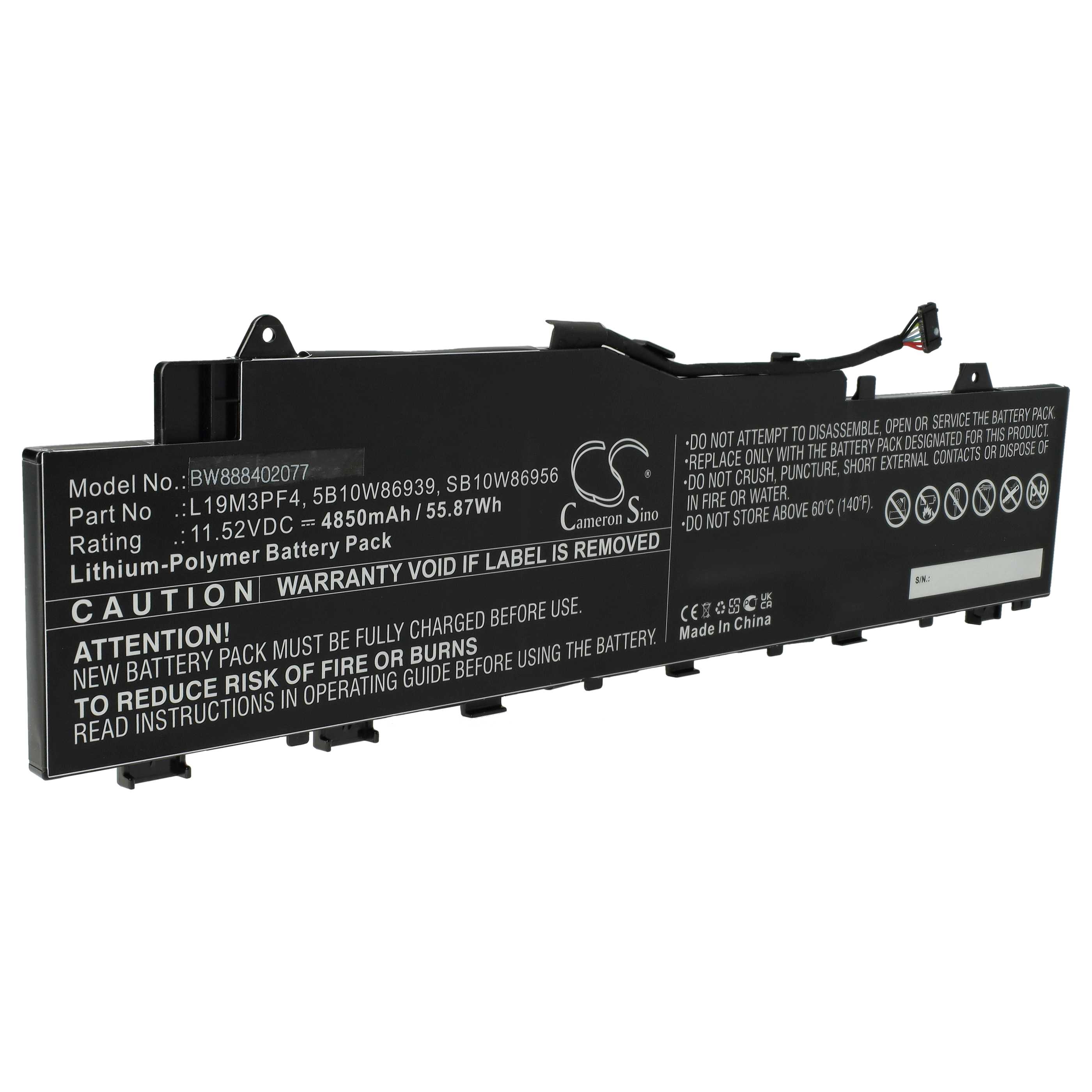 Batería reemplaza Lenovo SB10W86956, L19M3PF4, 5B10W86939 para notebook Lenovo - 4850 mAh 11,52 V Li-poli