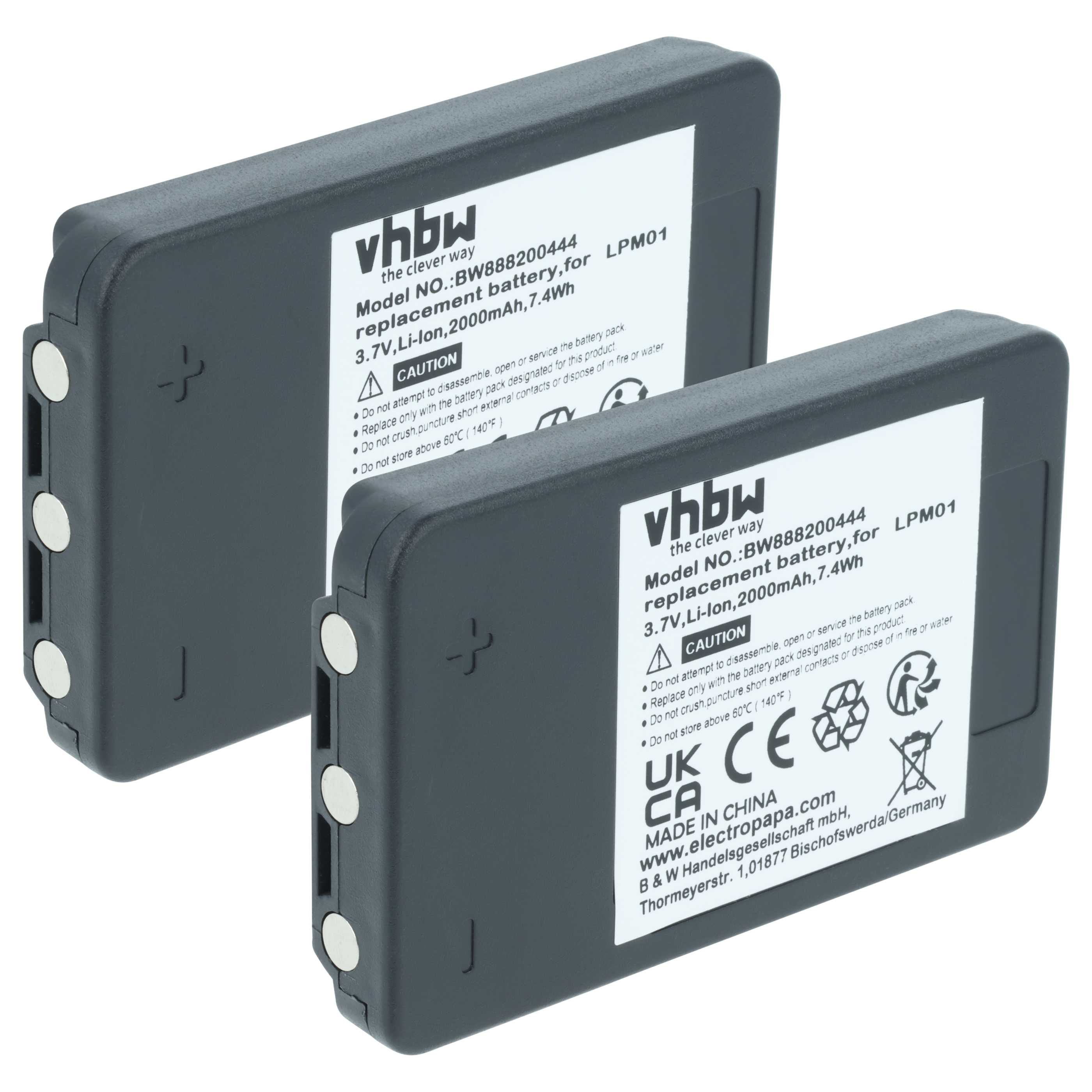 Akku (2 Stück) als Ersatz für Autec MHM03, LPM01LI, LPM01, R0BATT00E10A0 Steuerung - 2000mAh 3,7V Li-Polymer