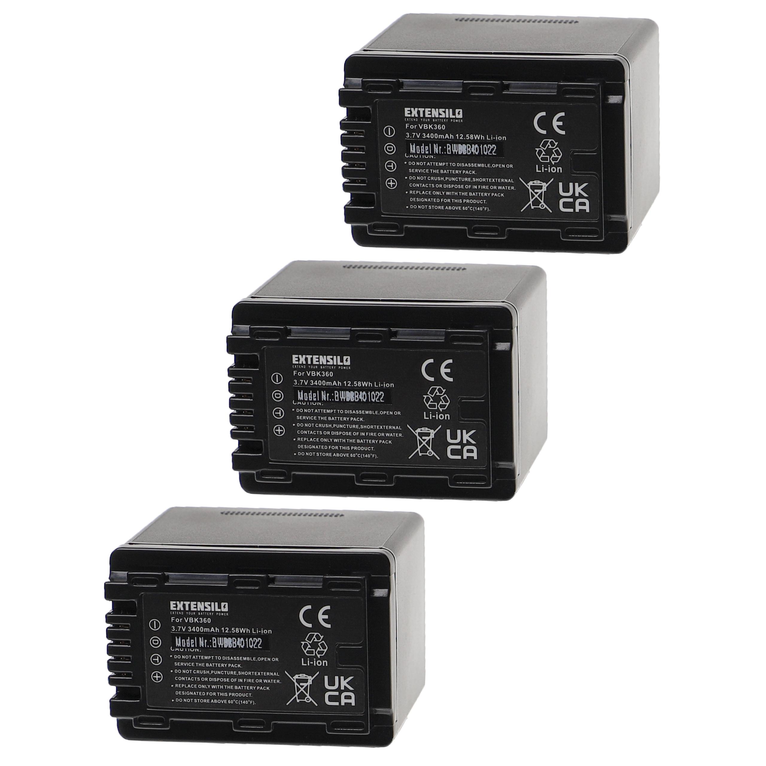 3x Battery replaces Panasonic VW-VBK360 - 3400mAh, 3.7V, Li-Ion