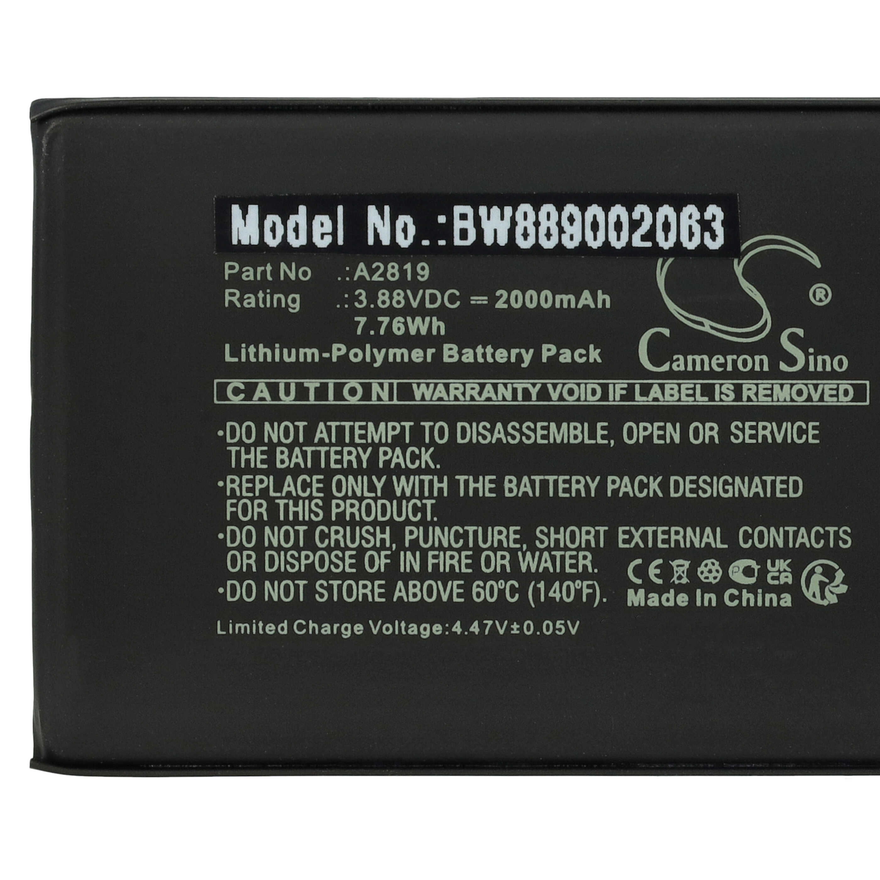 Batterie remplace Apple A2819 pour téléphone portable - 2000mAh, 3,88V, Li-polymère