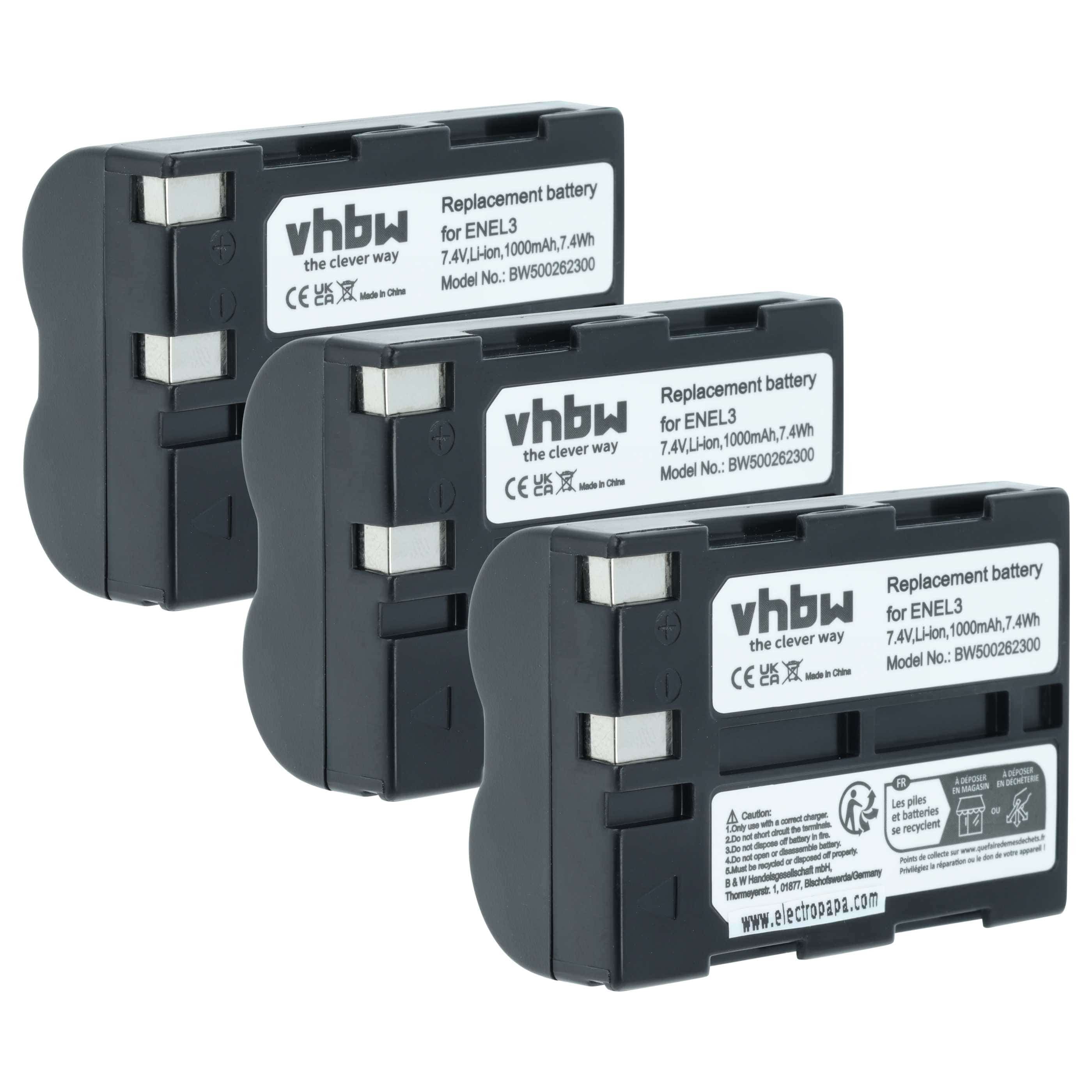 3x Battery replaces Nikon EN-EL3, EN-EL3a - 1000mAh, 7.2V, Li-Ion