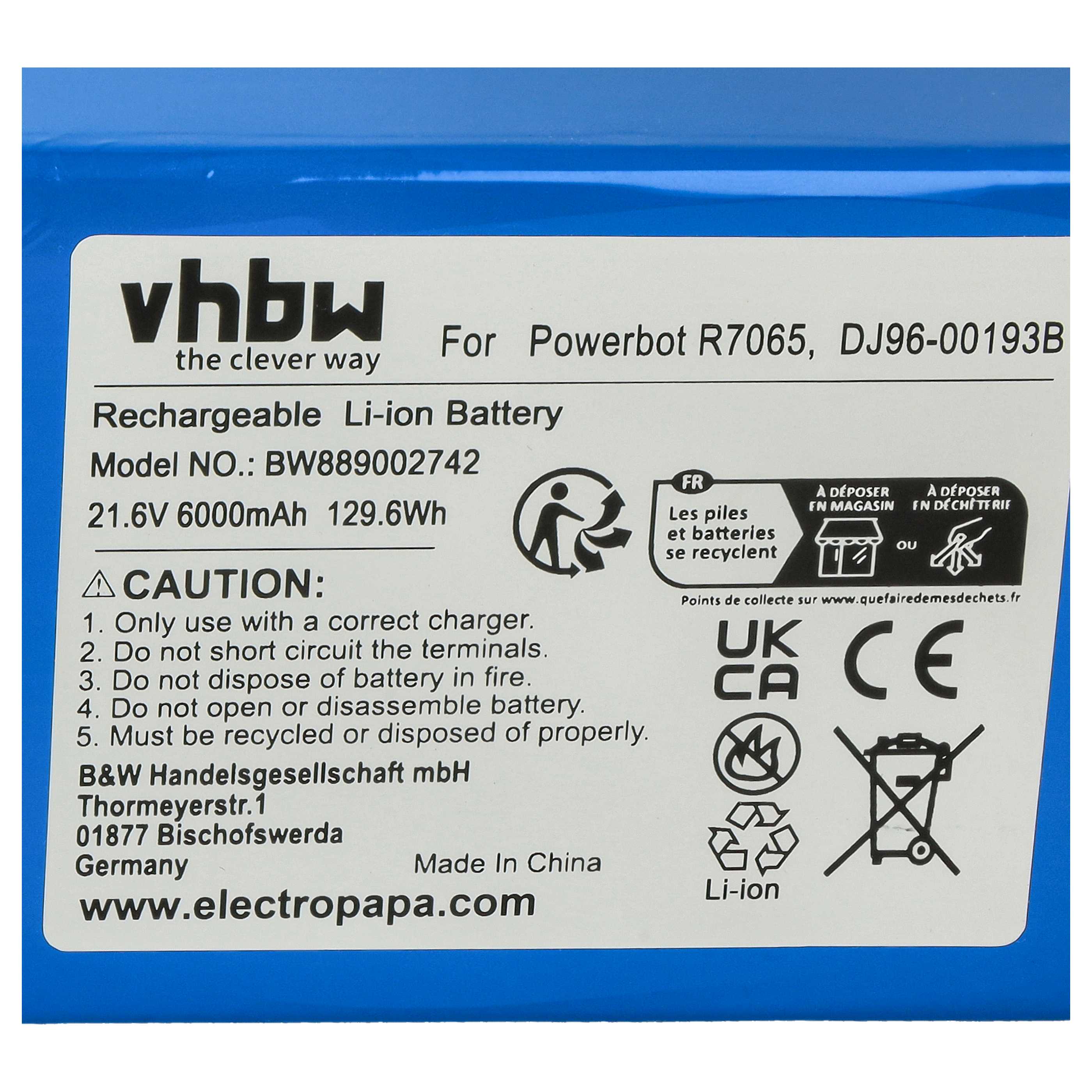 Battery replaces Samsung DJ96-00193B for Samsung 6000mAh, 21.6V, Li-Ion