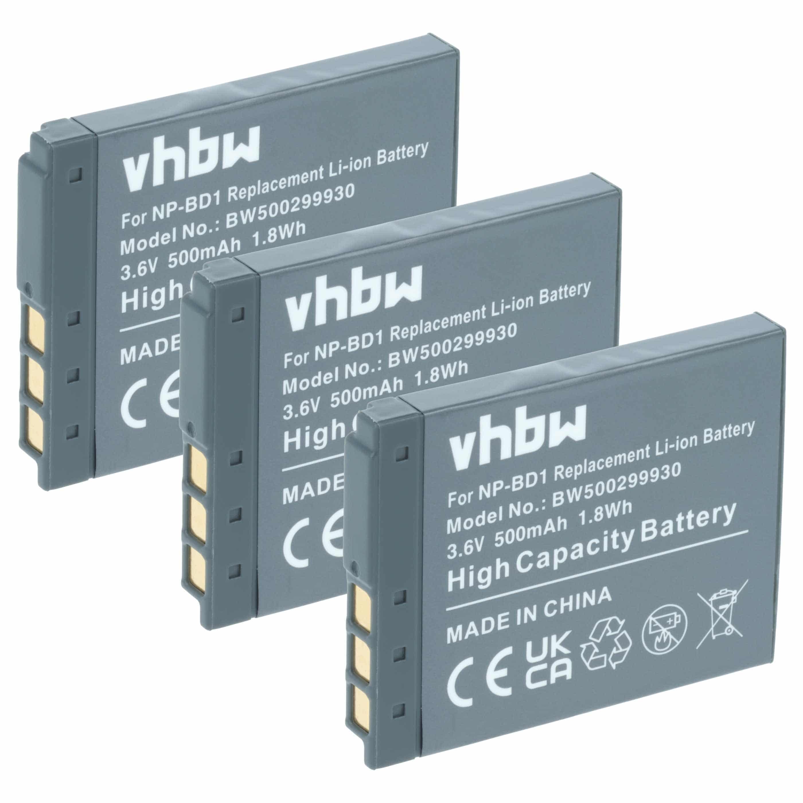 3x Battery replaces Sony NP-FD1, NP-BD1 - 500mAh, 3.6V, Li-Ion