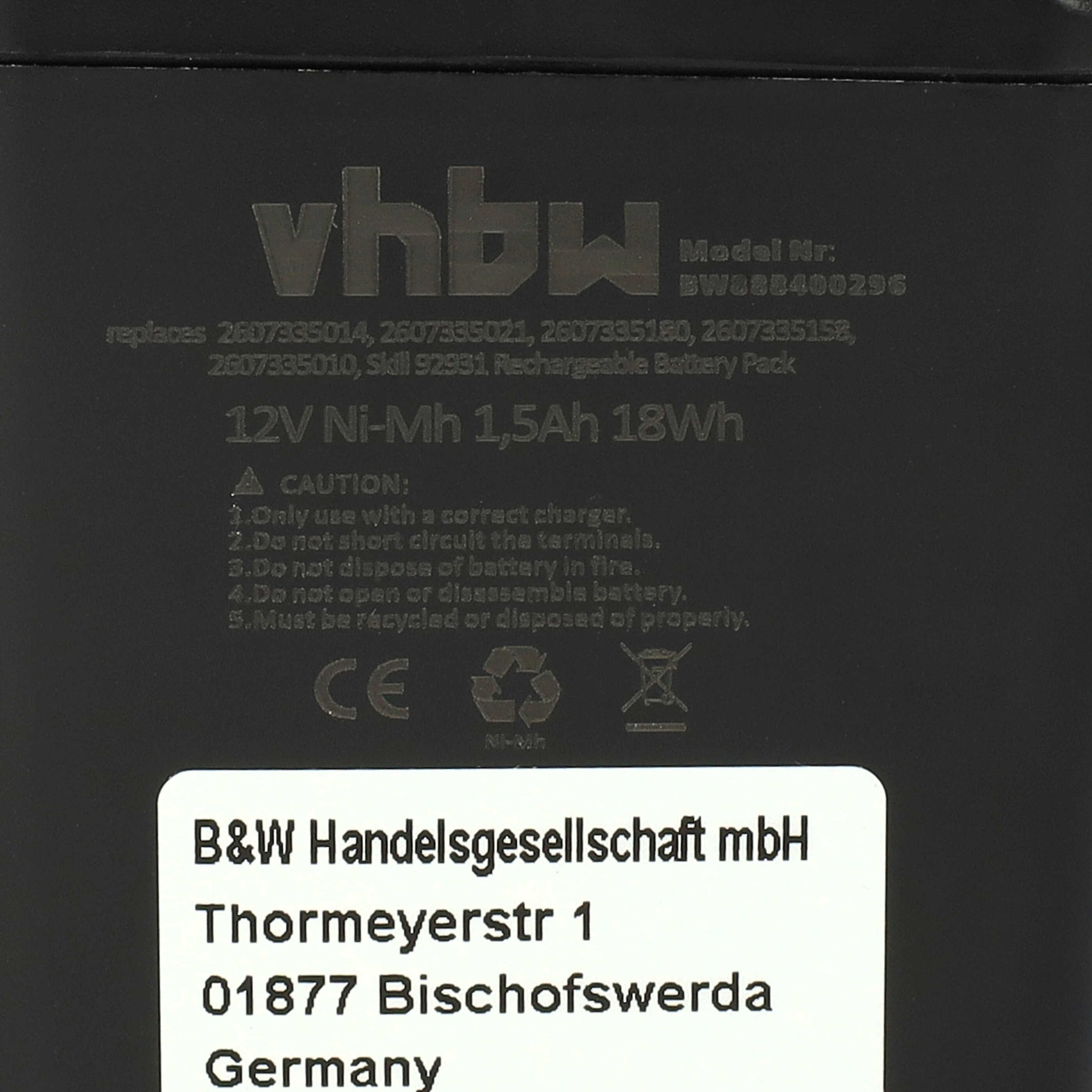 Batería reemplaza Bosch 2 607 355 014, 2 607 335 180, 2 607 335 021 para herramienta - 1500 mAh, 12 V, NiMH