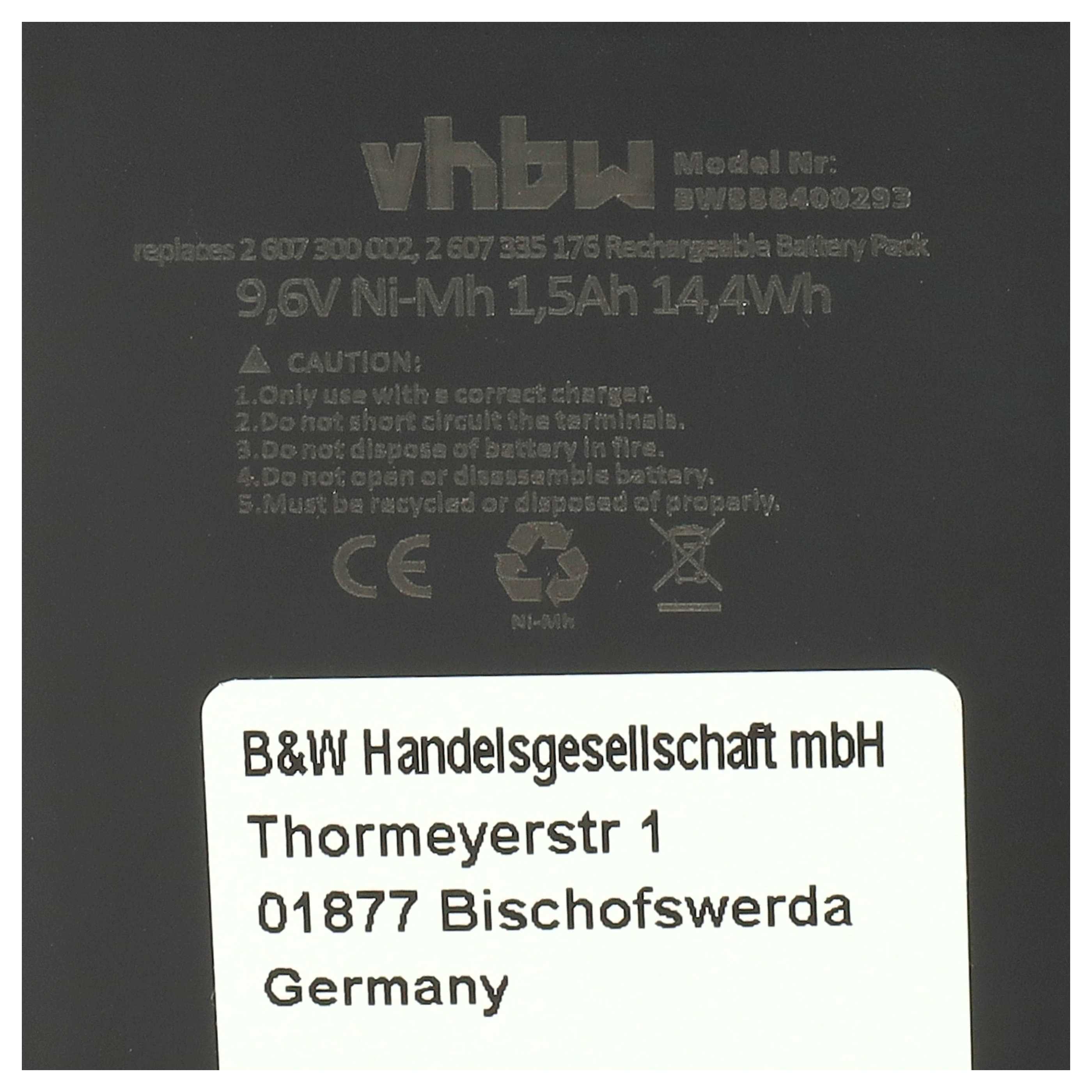2x Battery replaces Bosch 2607300002, 26073000002, 2 607 3000 002 Electric Power Tool - 1500 mAh, 9.6 V, NiMH