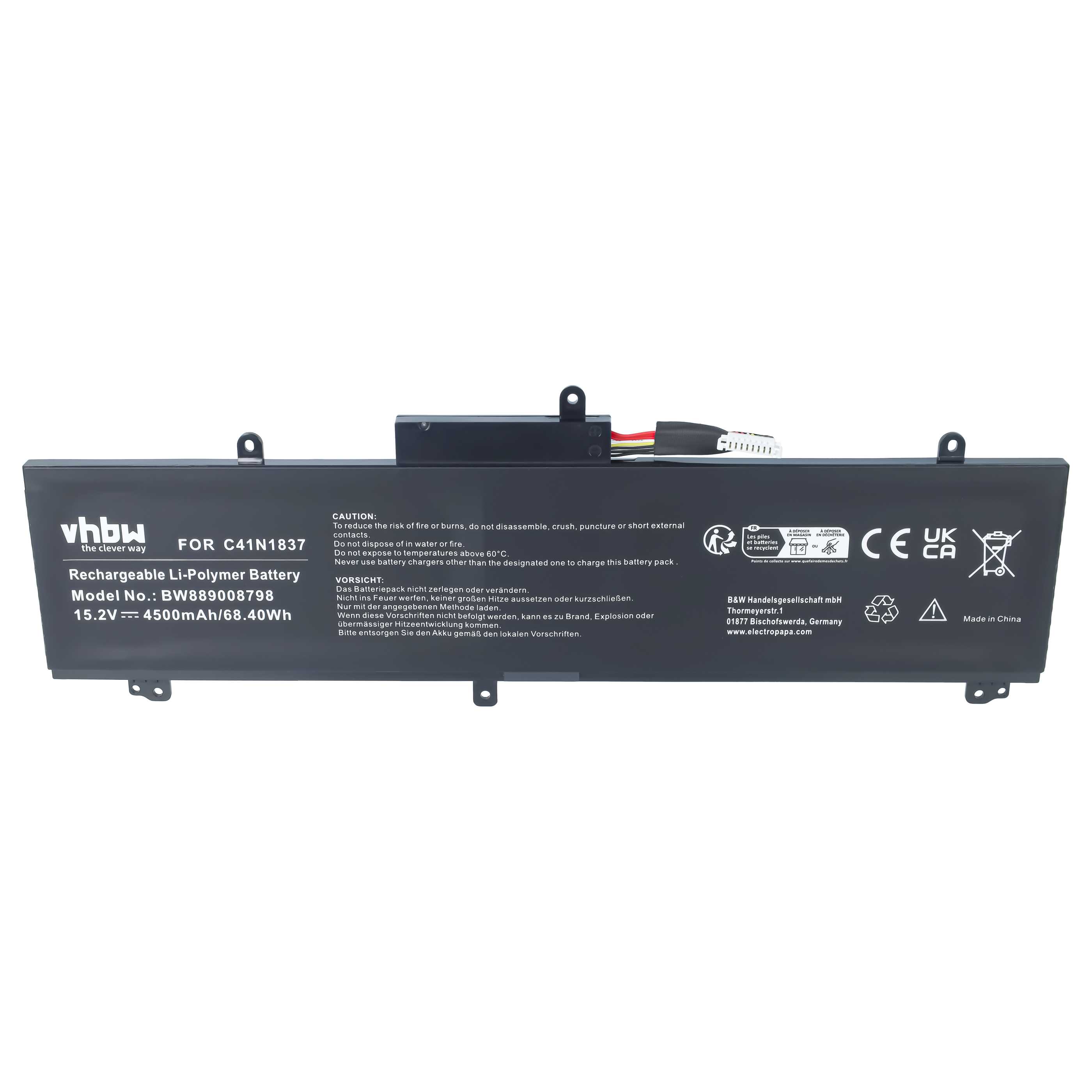 Notebook Battery replaces Asus C41N1837, 0B200-03380100 - 4500 mAh 15.2 V Li-polymer