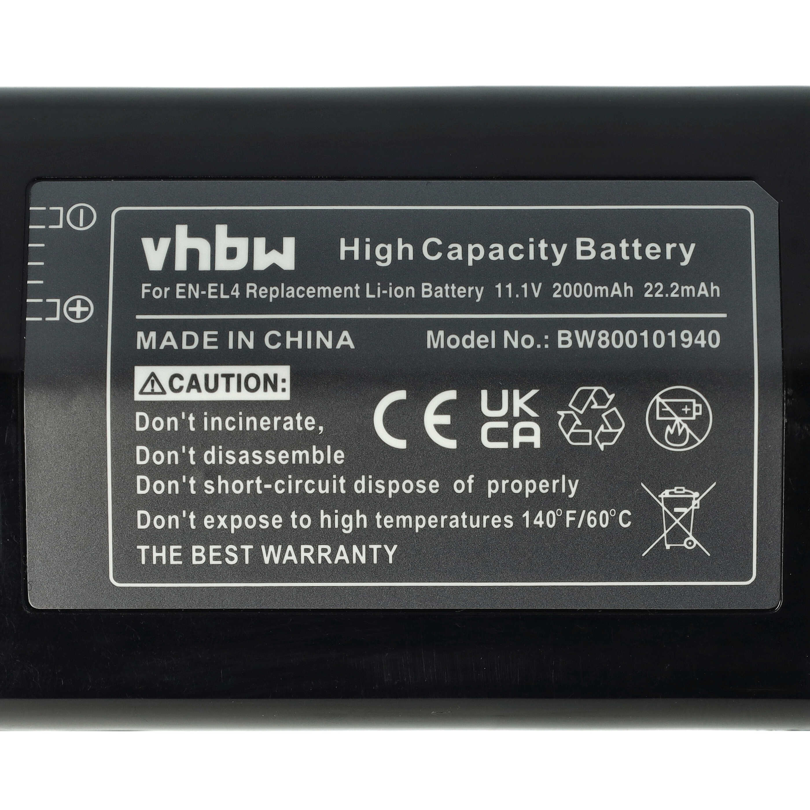 Batterie remplace Nikon EN-EL4, EN-EL4a pour appareil photo - 2000mAh 11,1V Li-ion