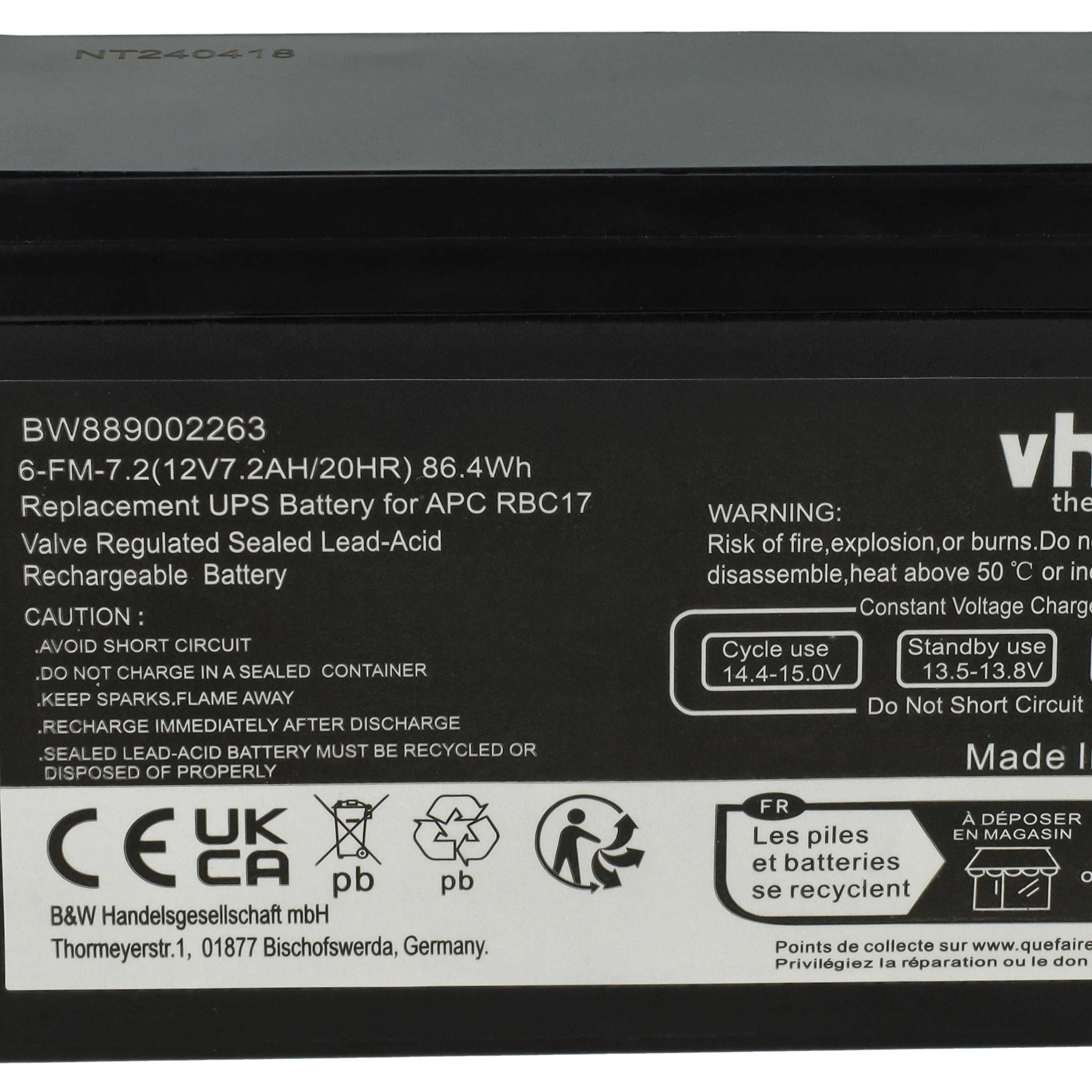 USV-Akku (2 Stück) als Ersatz für APC RBC17 für Daitem - 7,2 Ah 12V AGM