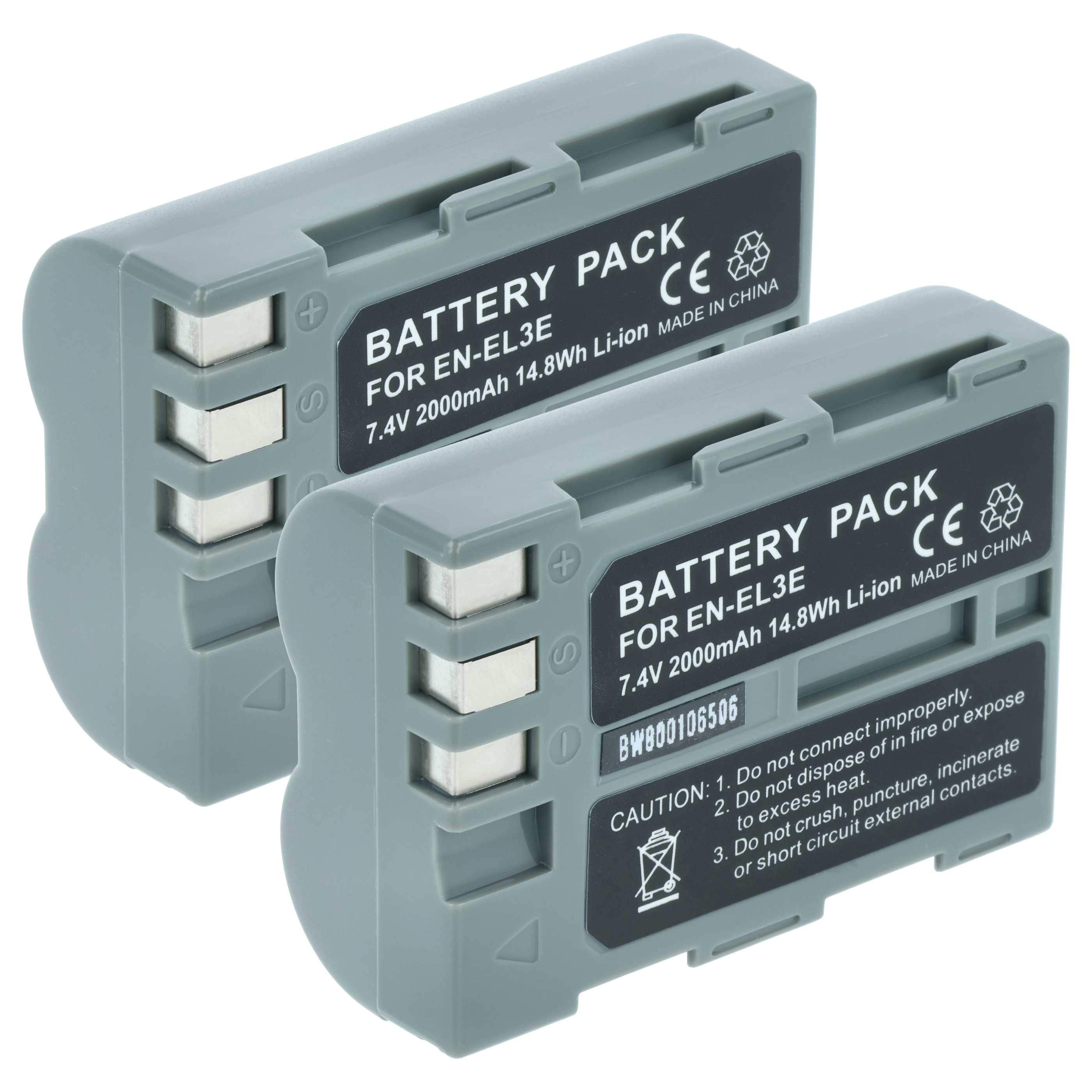 2x Battery replaces Nikon EN-EL3e, EN-EL3, EN-EL3a - 2000mAh, 7.2V, Li-Ion with Info Chip