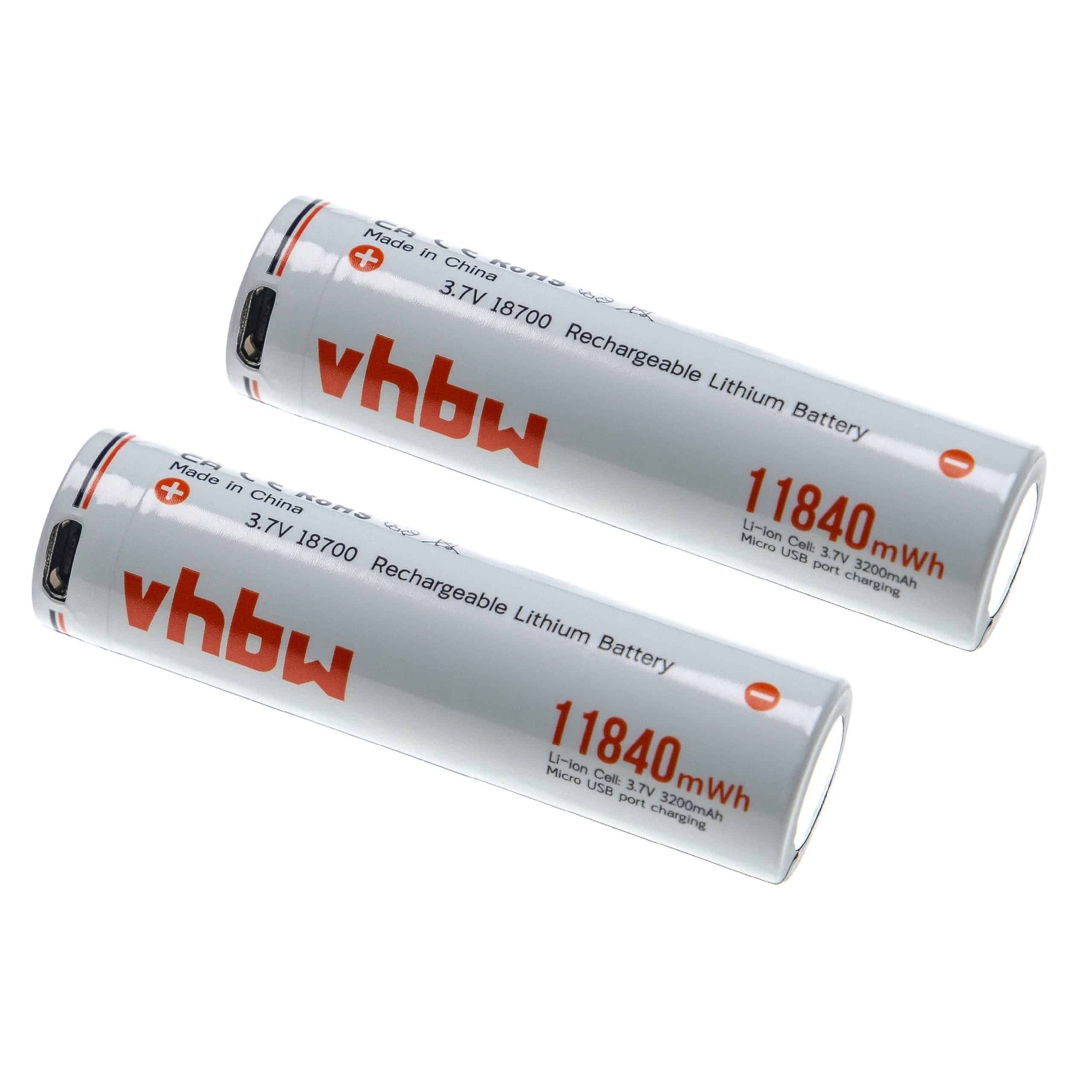 Batería celda redonda 18650 (2 ud.) - Con conector USB micro, plano, 3200 mAh, 3,7 V, Li-Ion