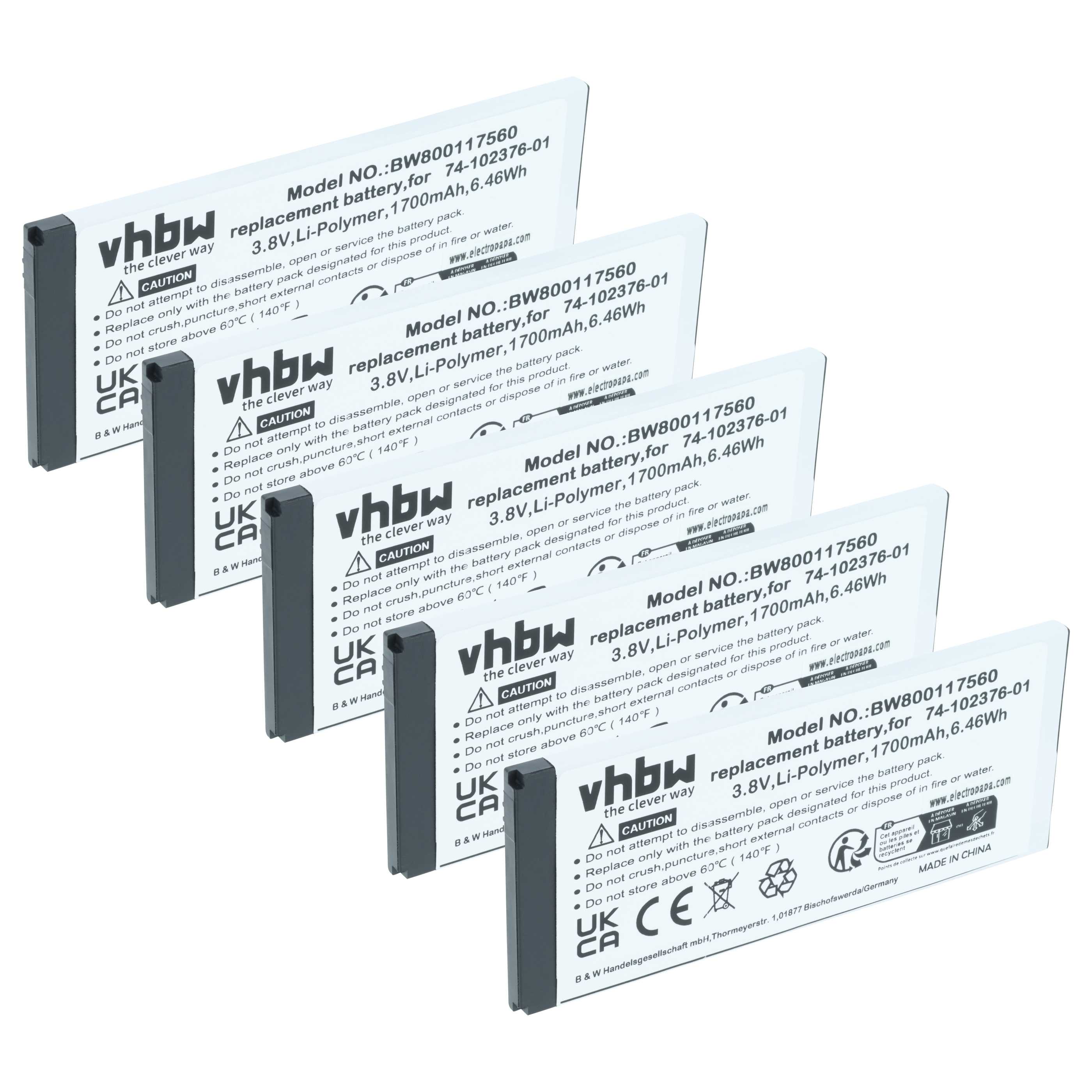 5x Batteria sostituisce Cisco CP-BATT-8821, 74-102376-01 per telefono Cisco - 1700mAh 3,8V Li-Poly
