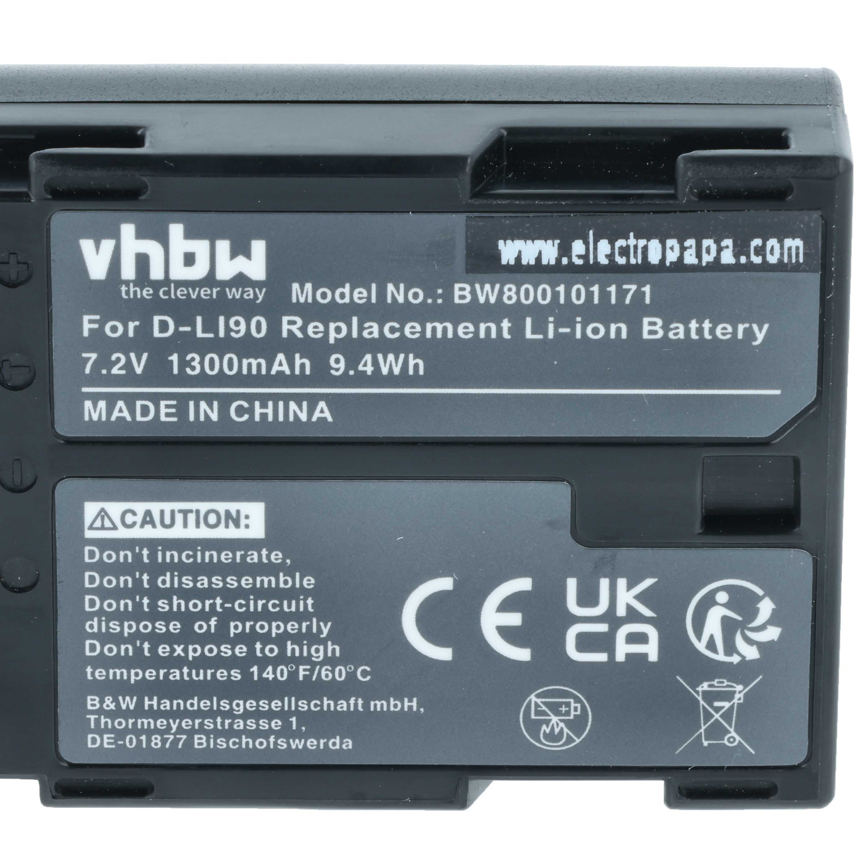 Battery replaces Pentax D-Li90 - 1300mAh, 7.2V, Li-Ion