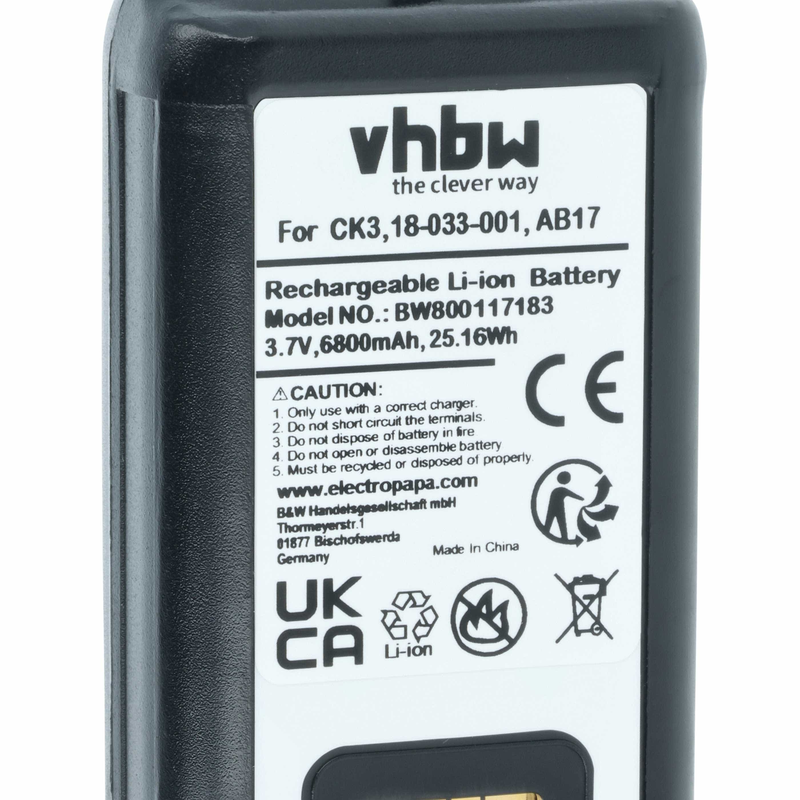 Batería reemplaza Intermec 318-033-021, 318-033-001 para escáner código de barras (6800 mAh, 3,7 V, Li-Ion)