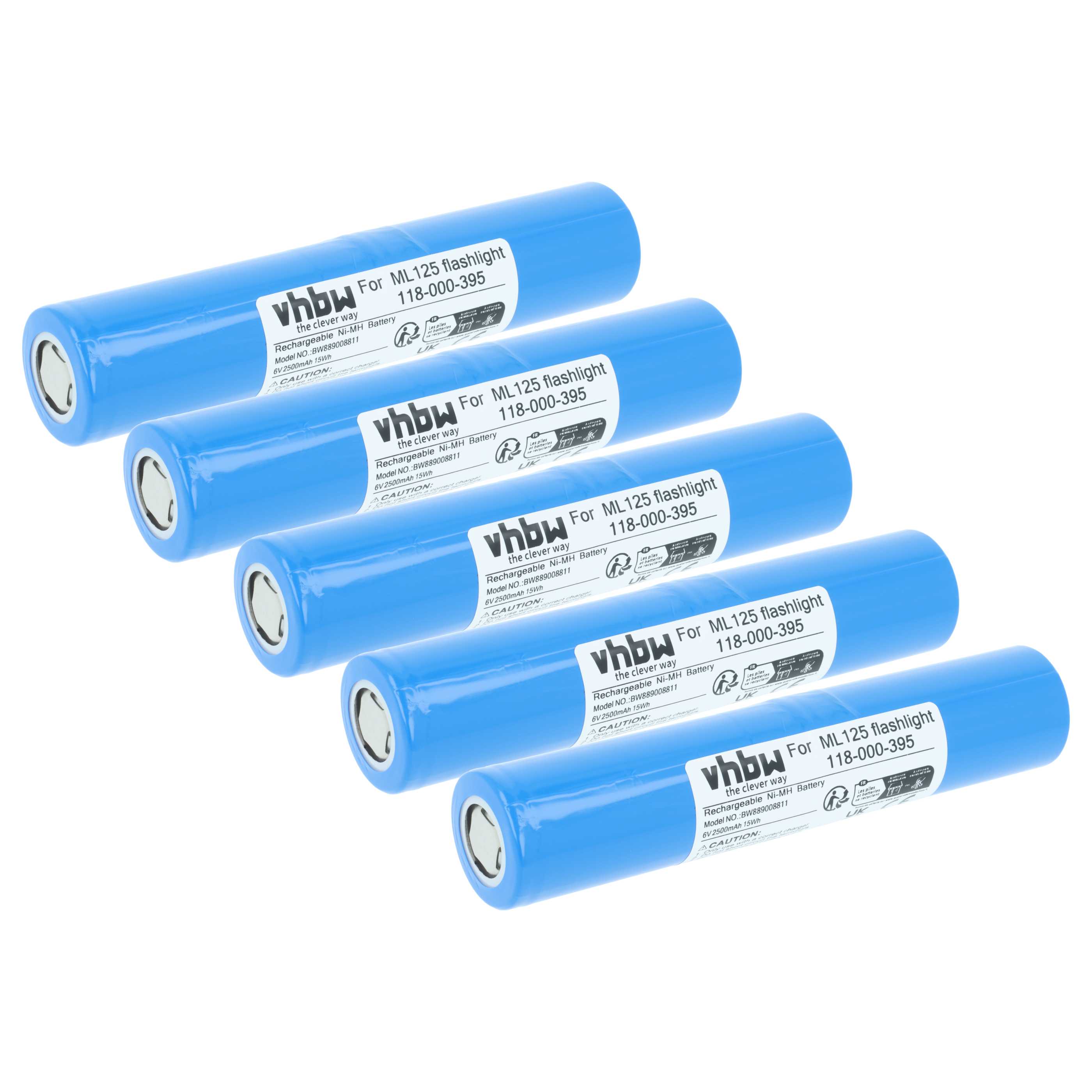 Torch - 5x Battery replaces Maglite 118-000-395 - 2500 mAh 6 V NiMH