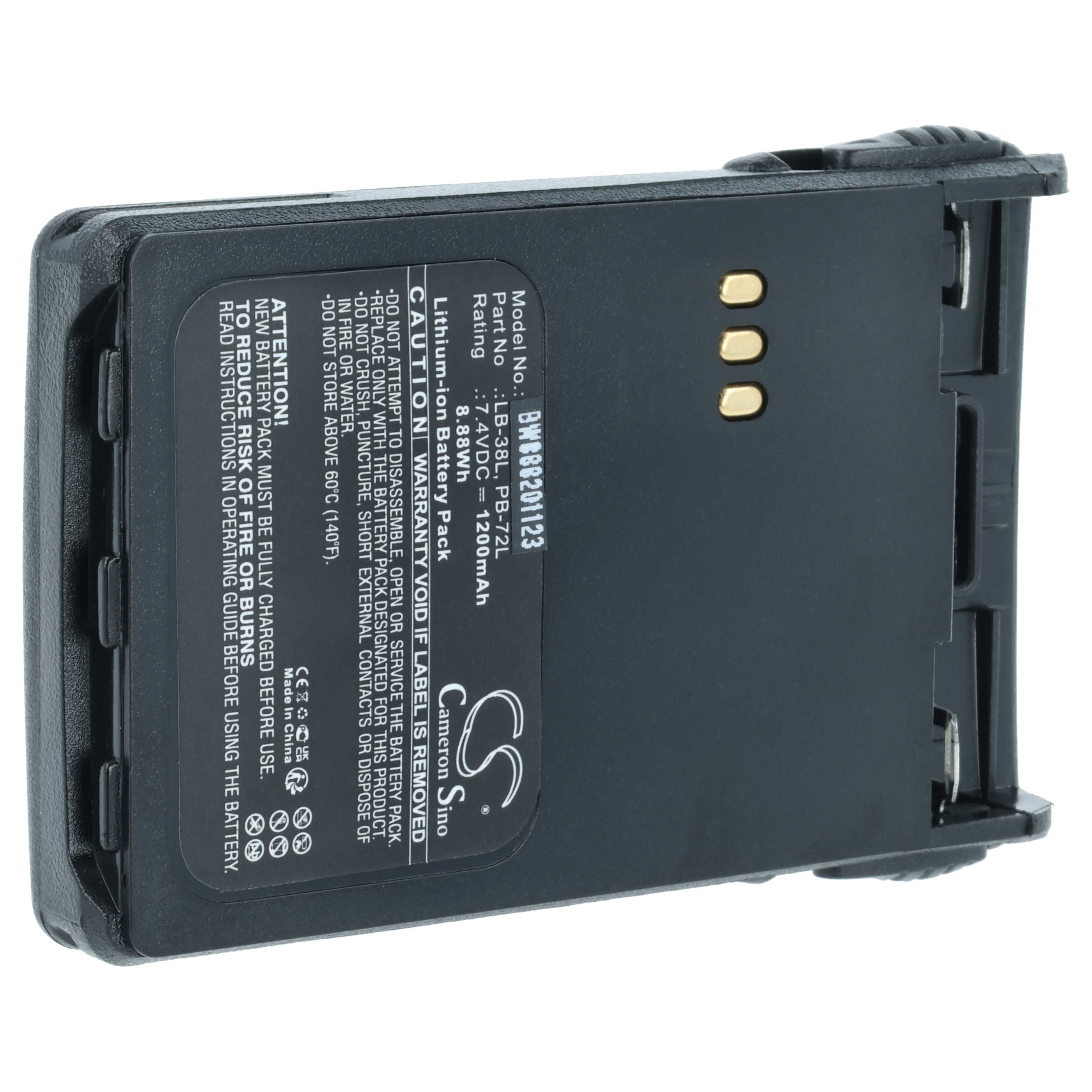Radio Battery replaces Huntec PB200, PB-CT, LB-62L, PB-72L, LB-38L, PB400 - 1200 mAh 7.4 V Li-Ion + Belt Clip